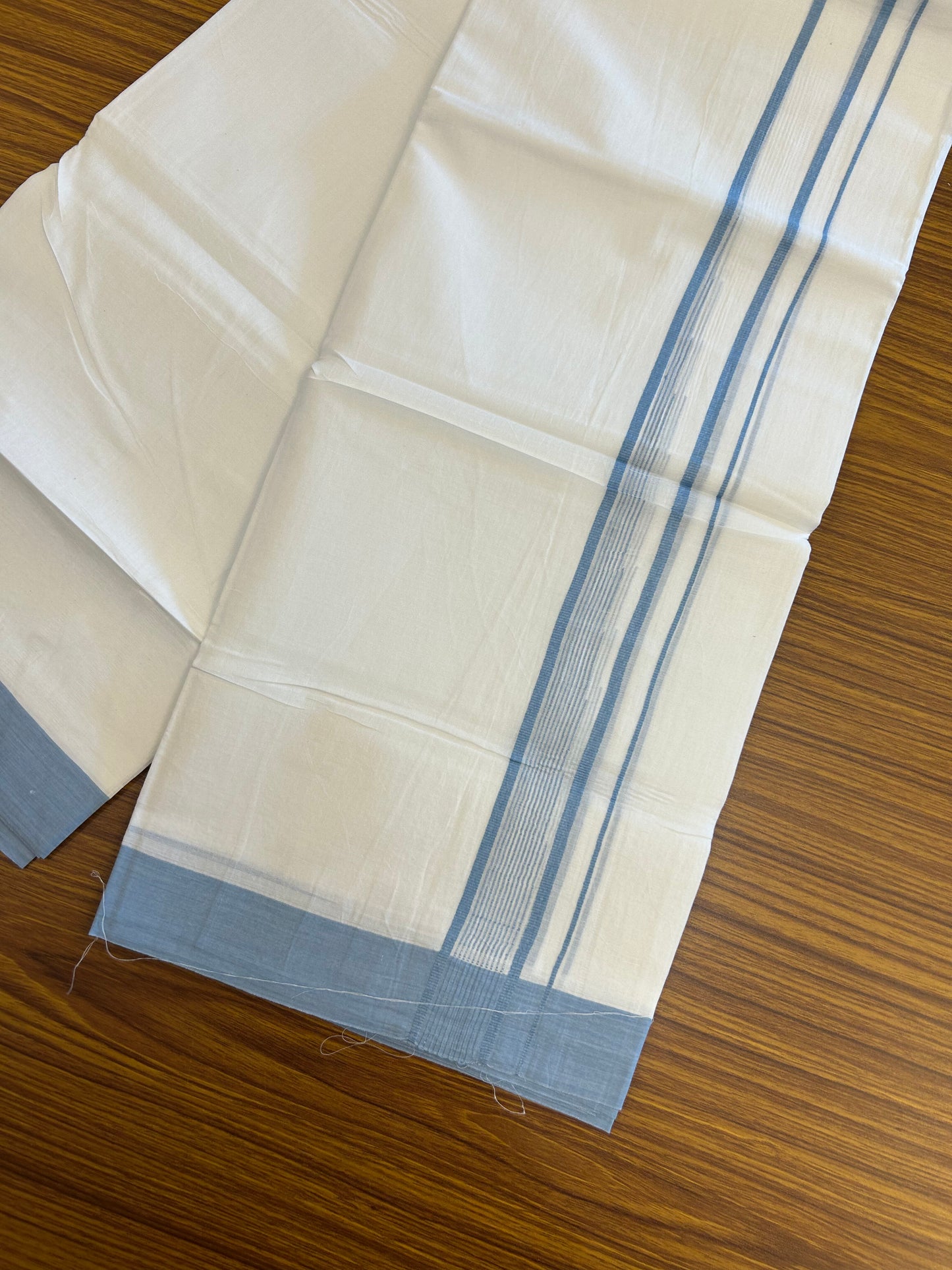 20% Discount ! Kaitharikada Balaramapuram 100% Pure Cotton Double Pure White Mundu/Dhoti - 100x80 - 1.25 inch Sea Blue shaded striped chutty 3.90 mtr (8.5 muzham) - 56 KK5361 PMC