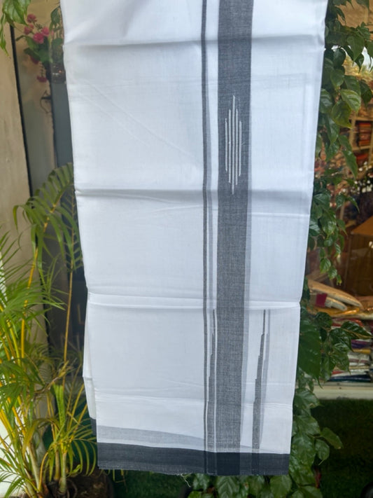 27% DISCOUNT!!! KaithariKada Balaramapuram 100% Cotton Double PURE white Mundu/Dhoti - 80X80 - 2.25 Inch Black shaded Centre stripes Putta Chutty kara - 48KK5074THI