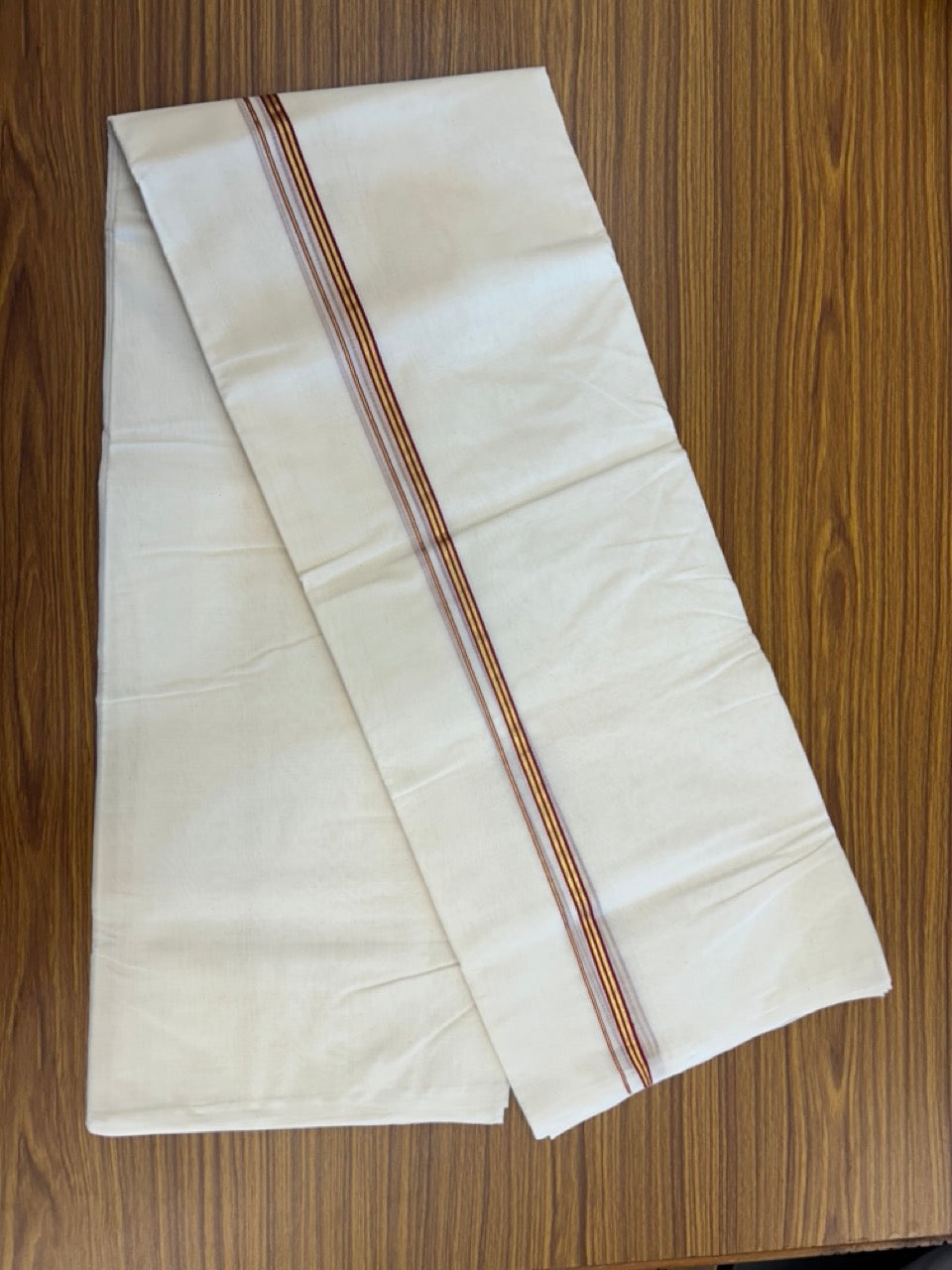 25% DISCOUNT!! KaithariKada HANDLOOM MILPAAV Balaramapuram - 100% PURE Cotton OFF White Double - (Unbleached) Mundu/Dothi - 80x90 - 0.5 inch Kasavu & Maroon striped Kara - 79KK5234 RAM