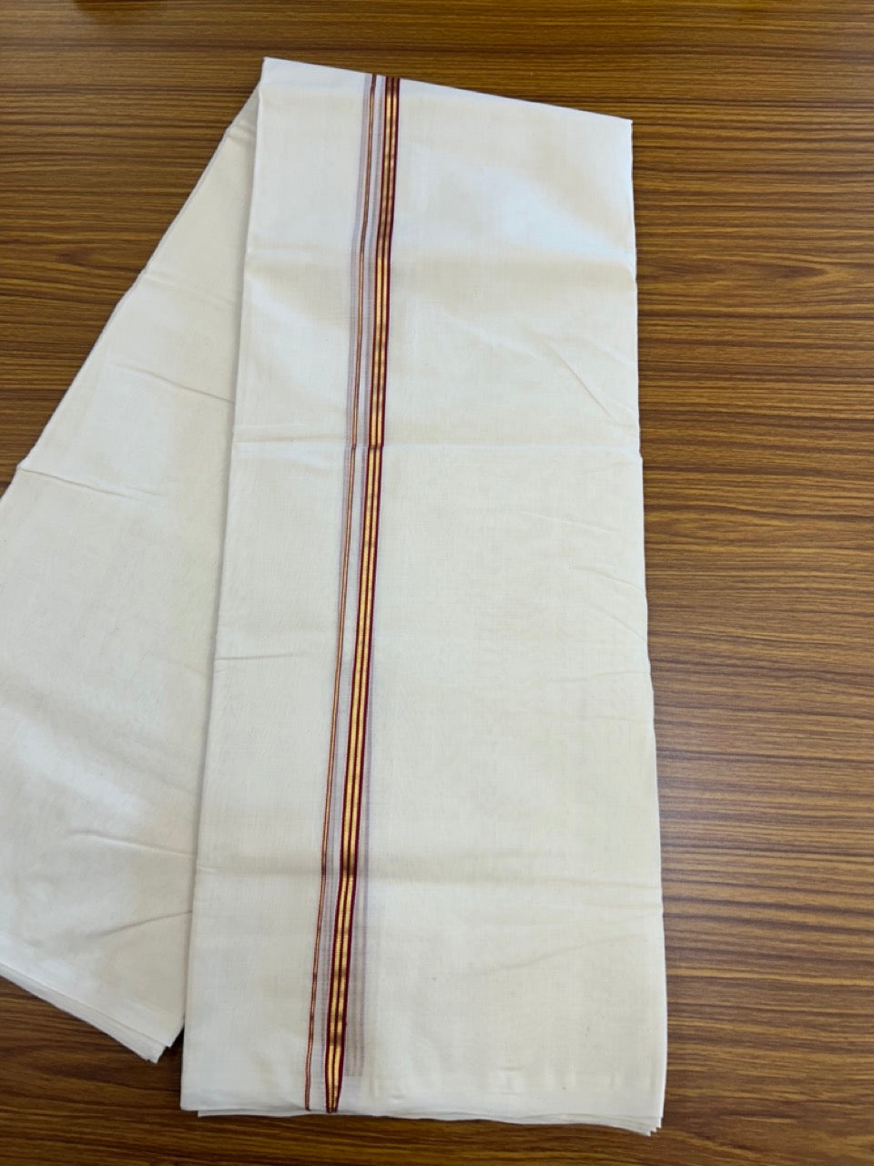 25% DISCOUNT!! KaithariKada HANDLOOM MILPAAV Balaramapuram - 100% PURE Cotton OFF White Double - (Unbleached) Mundu/Dothi - 80x90 - 0.5 inch Kasavu & Maroon striped Kara - 79KK5234 RAM
