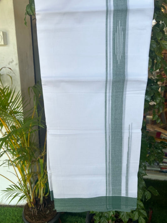 27% DISCOUNT!!! KaithariKada Balaramapuram 100% Cotton Double PURE white Mundu/Dhoti - 80X80 - 1.75 Inch Green shaded Centre stripes Putta Chutty kara - 41KK5074THI