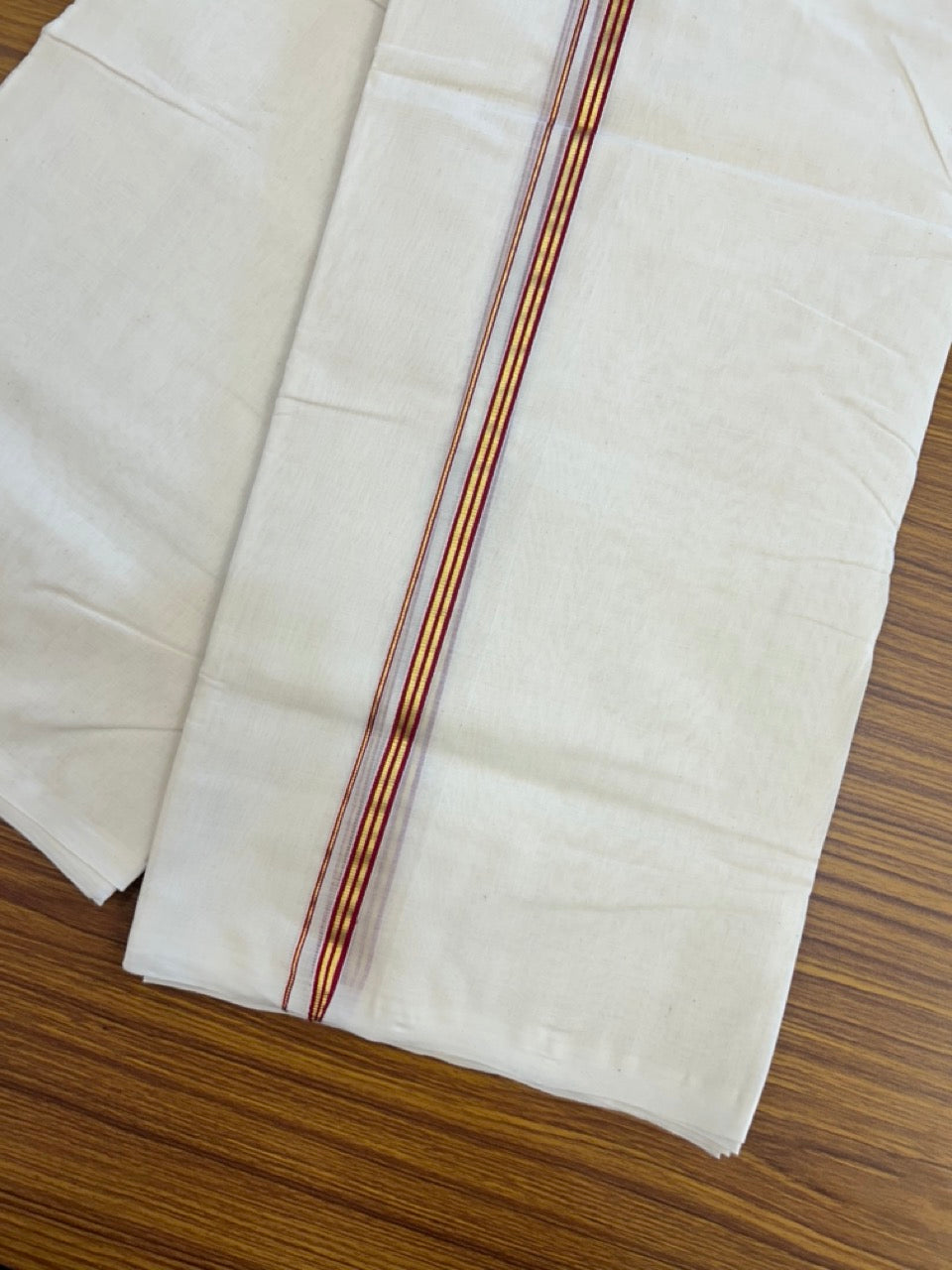 25% DISCOUNT!! KaithariKada HANDLOOM MILPAAV Balaramapuram - 100% PURE Cotton OFF White Double - (Unbleached) Mundu/Dothi - 80x90 - 0.5 inch Kasavu & Maroon striped Kara - 79KK5234 RAM