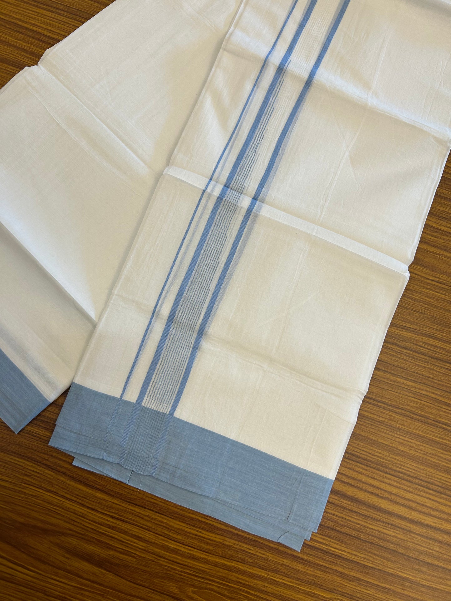 20% Discount ! Kaitharikada Balaramapuram 100% Pure Cotton Double Pure White Mundu/Dhoti - 100x80 - 1.25 inch Light Blue shaded striped chutty 3.90 mtr (8.5 muzham) - 55 KK5361 PMC