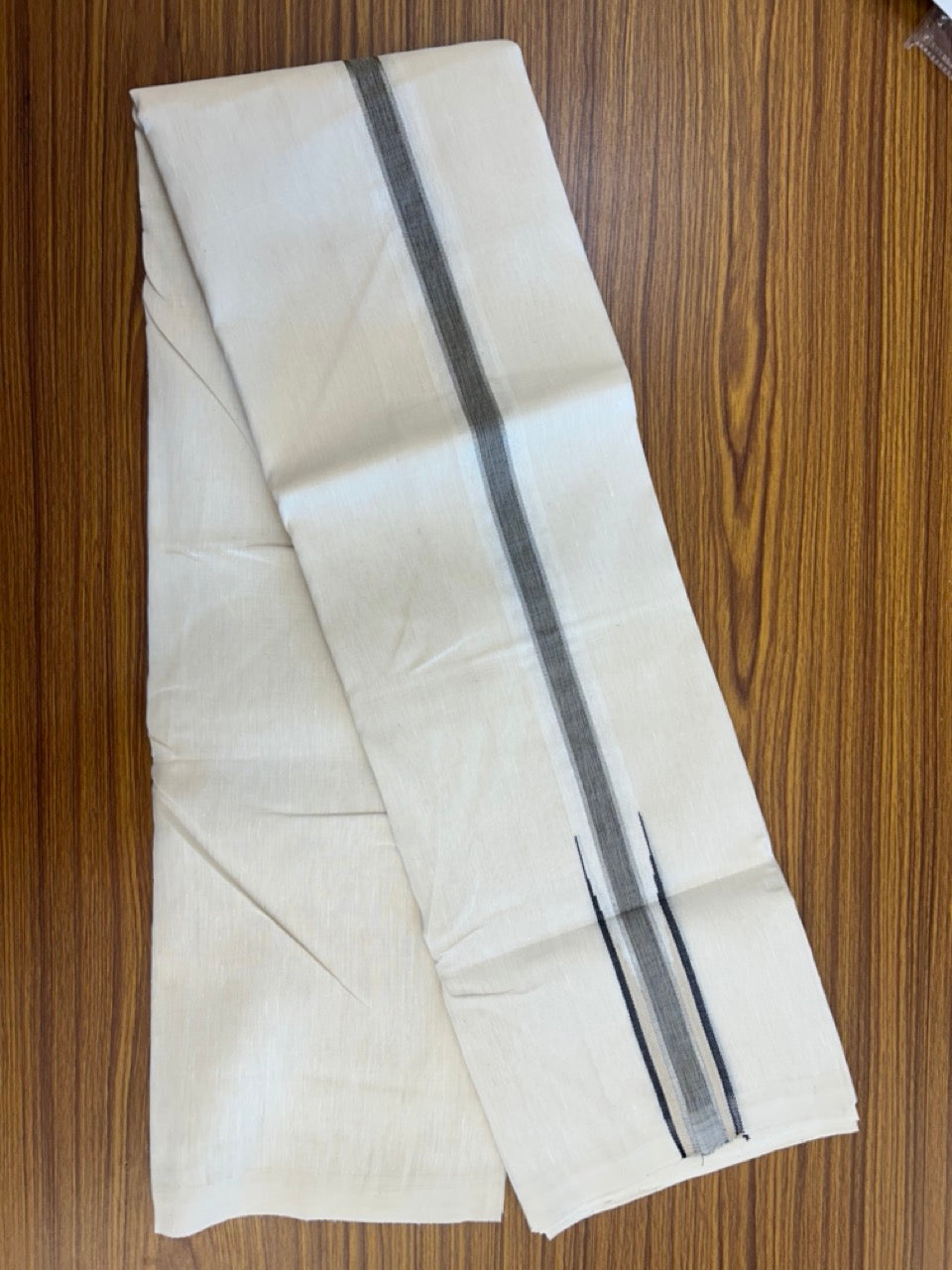 Handloom Linen Dhoti New! 25% Discount from Kaitharikada.com - Balaramapuram Handloom Unakkupaav - Off white - Double Mundu/Dhoti 80x90 Thread - Pure Cotton + Linen - 1.5 Inch Silver Kasavu Cream & Black striped chutty - 86 KK5234 RAM