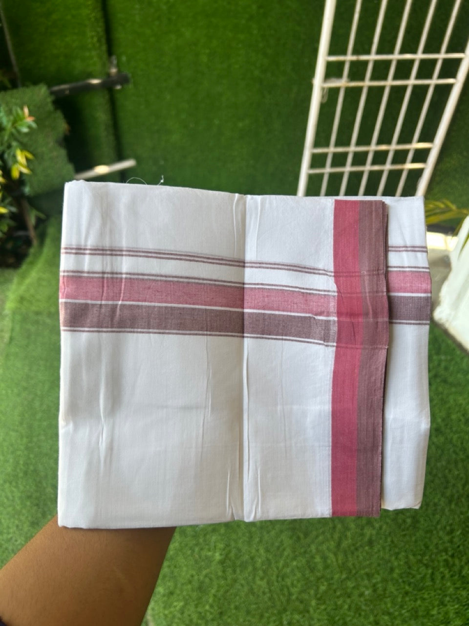 20% DISCOUNT!! Kaitharikada Balaramapuram 100% Cotton PURE WHITE Double Mundu/Dothi- 100x80 - 1.5 Inch Brown Stone & Majenta Shaded Striped Kara - 54KK5174THI