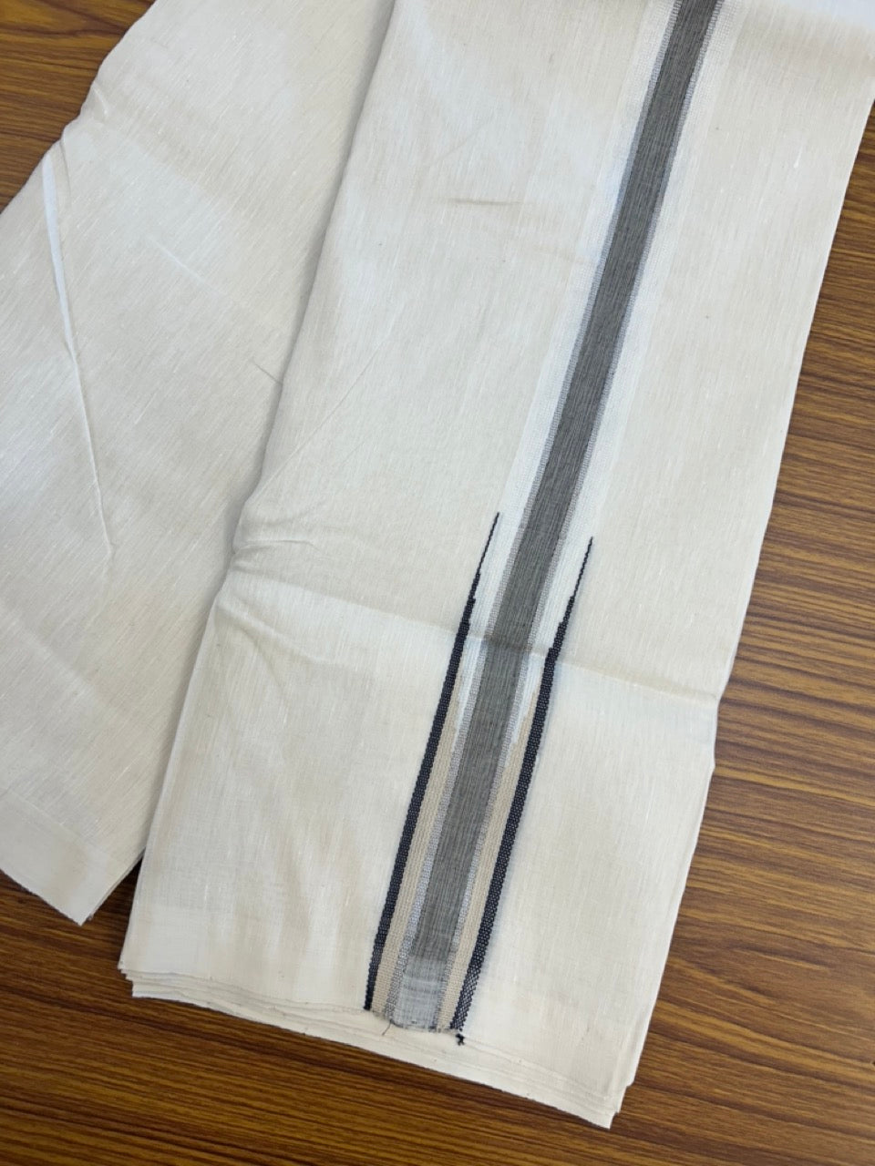 Handloom Linen Dhoti New! 25% Discount from Kaitharikada.com - Balaramapuram Handloom Unakkupaav - Off white - Double Mundu/Dhoti 80x90 Thread - Pure Cotton + Linen - 1.5 Inch Silver Kasavu Cream & Black striped chutty - 86 KK5234 RAM