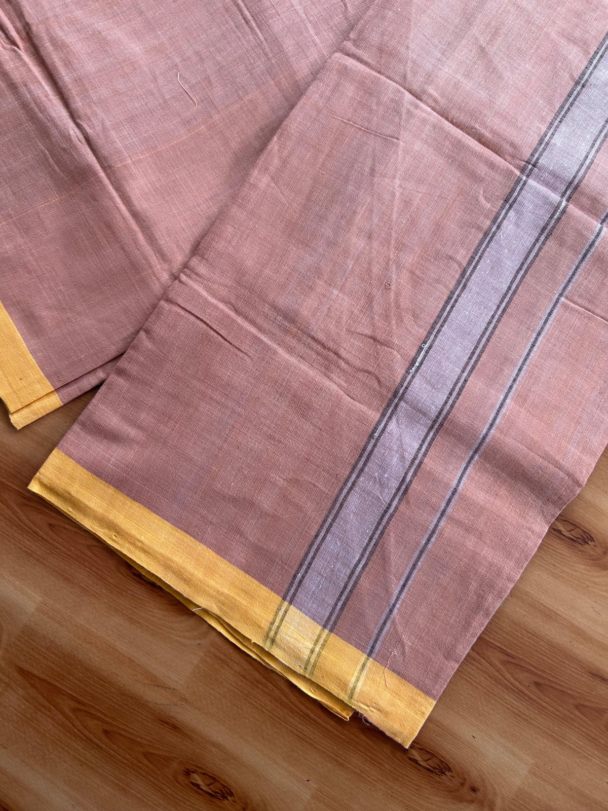 Kerala Handloom - Signature Kaitharikada - 100% Pure Cotton 2/60sx40s Thread - Single Mundu / Dhoti - 1.25 inch White & Black Shaded Striped Kara with Kavi colour Body - 85 KK8080 KAL