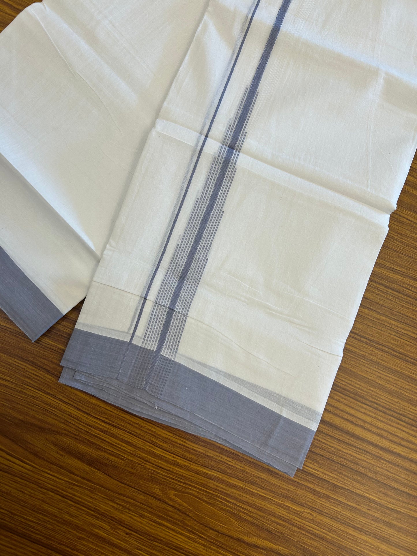 20% Discount ! Kaitharikada Balaramapuram 100% Pure Cotton Double Pure White Mundu/Dhoti - 100x80 - 1.25 inch Ash Blue Shaded Striped Chutty 3.90 mtr (8 muzham) - 74 KK5361 PMC