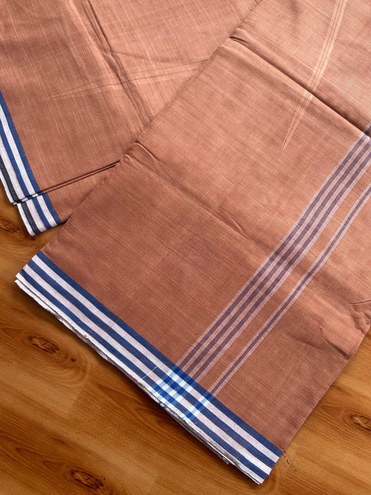 Kerala Handloom - Signature Kaitharikada - 100% Pure Cotton 2/60sx40s Thread - Single Mundu / Dhoti - 1 inch White & Blue Shaded Striped Kara with Kavi colour Body - 89 KK8080 KAL