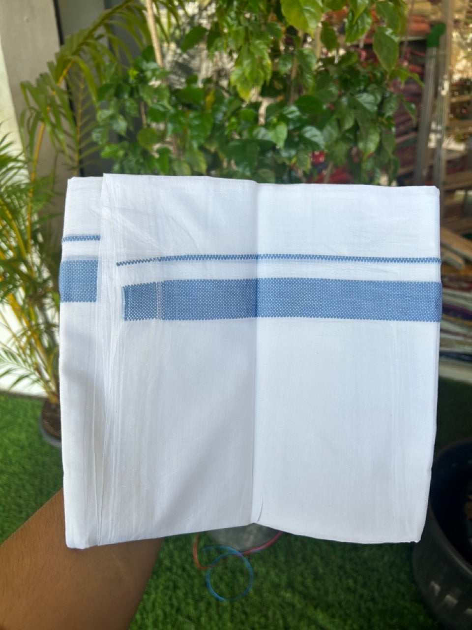 20% DISCOUNT!! KaithariKada Balaramapuram 100% Cotton PURE WHITE DOUBLE Mundu/Dhoti - 100x80 - 1 inch Sky Blue Design Kara - 20KK5174THI