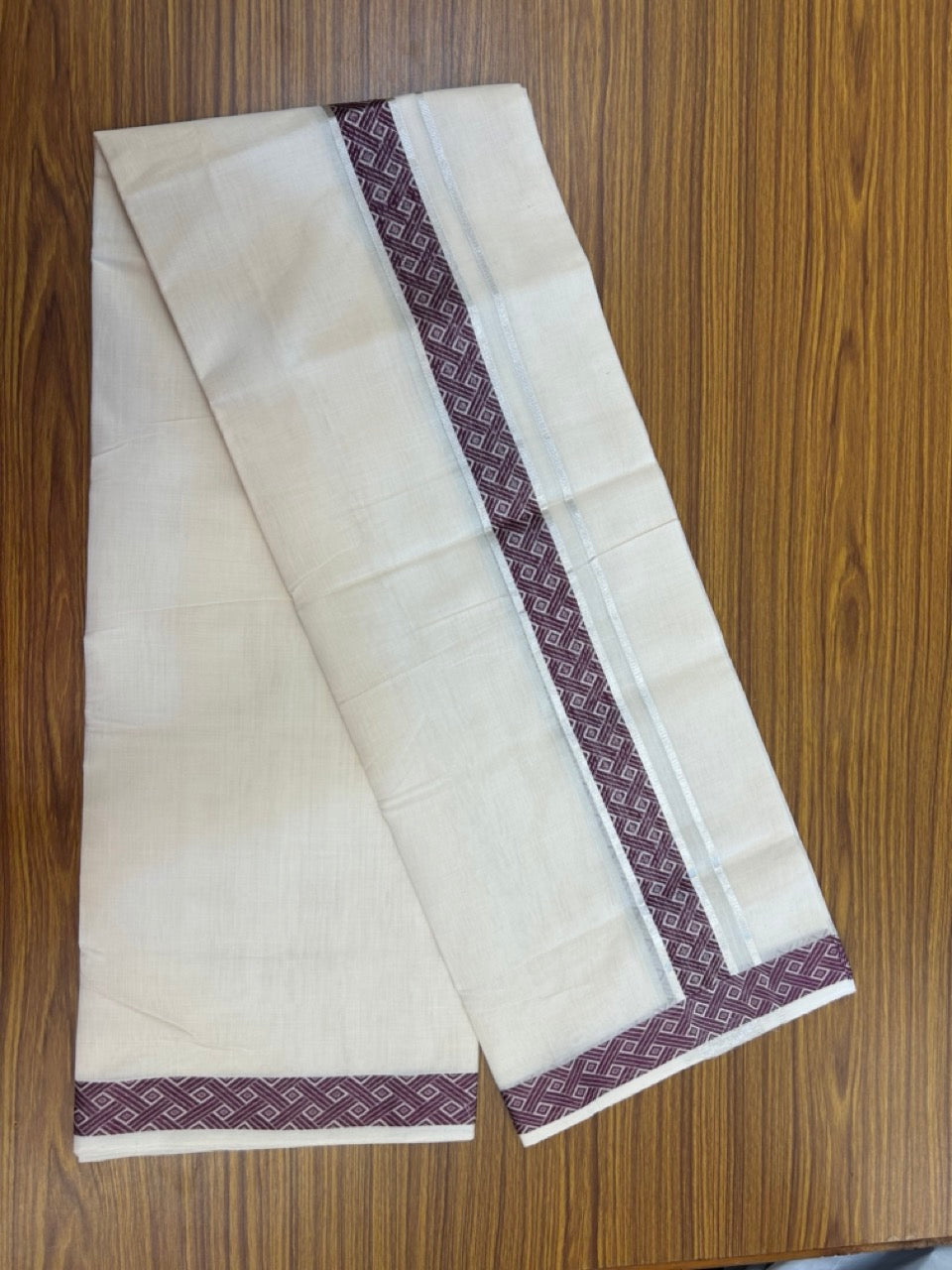 25% Discount ! Kaitharikada Handloom Unakkupaav Balaramapuram - 100% PURE Cotton OFF WHITE - (Unbleached) Double Mundu/Dhoti - 100x80 - 1.75 inch Silver Kasav & Purple Jacquard Design Kara 4 mtr (8.5 Muzham) - 1 KK5301 ABH