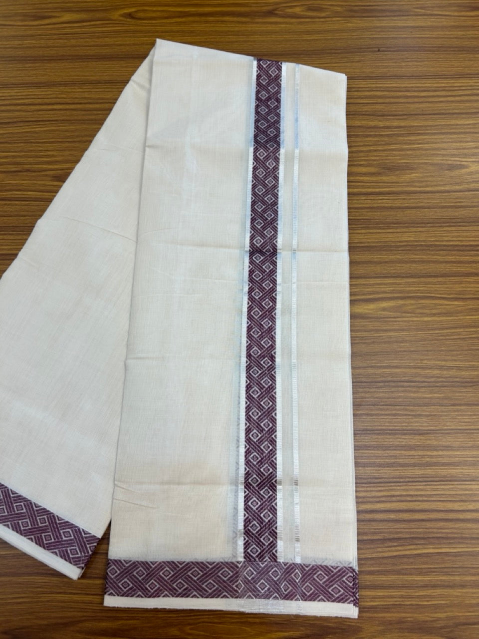 25% Discount ! Kaitharikada Handloom Unakkupaav Balaramapuram - 100% PURE Cotton OFF WHITE - (Unbleached) Double Mundu/Dhoti - 100x80 - 1.75 inch Silver Kasav & Purple Jacquard Design Kara 4 mtr (8.5 Muzham) - 1 KK5301 ABH