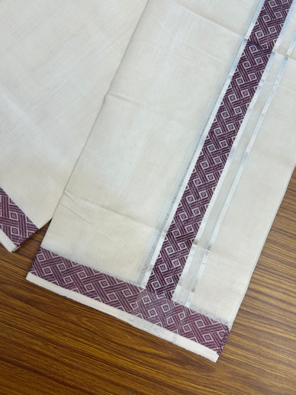 25% Discount ! Kaitharikada Handloom Unakkupaav Balaramapuram - 100% PURE Cotton OFF WHITE - (Unbleached) Double Mundu/Dhoti - 100x80 - 1.75 inch Silver Kasav & Purple Jacquard Design Kara 4 mtr (8.5 Muzham) - 1 KK5301 ABH