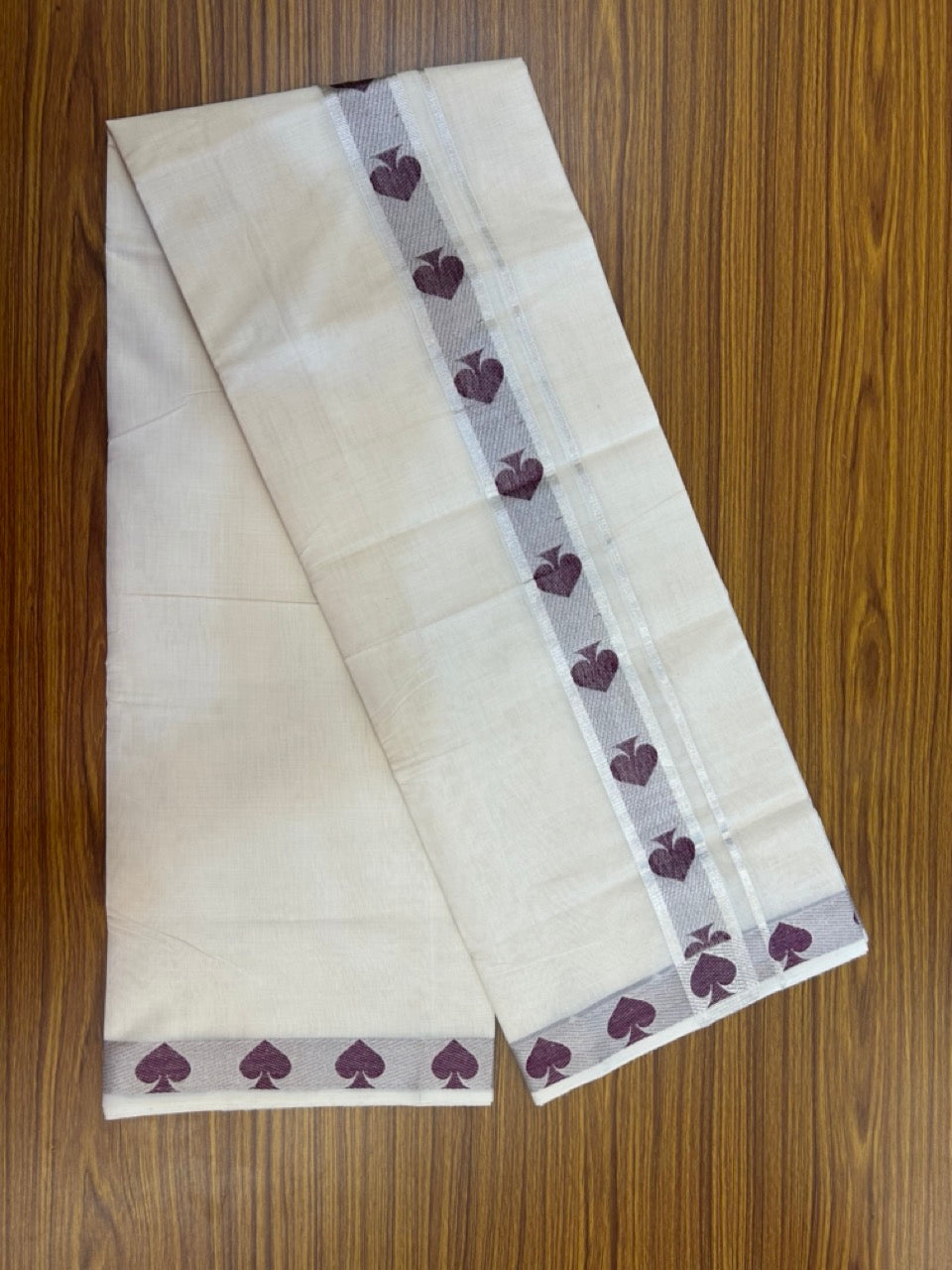 25% Discount ! Kaitharikada Handloom Unakkupaav Balaramapuram - 100% PURE Cotton OFF WHITE - (Unbleached) Double Mundu/Dhoti - 100x80 - 2 inch Silver Kasav & Purple Jacquard Design Kara 4 mtr (8.5 Muzham) - 2 KK5301 ABH