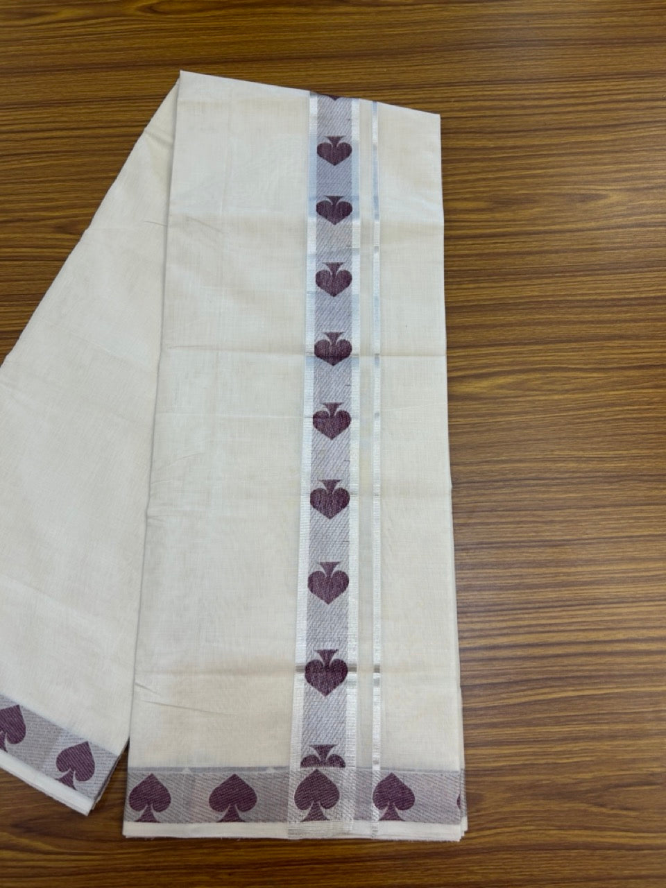 25% Discount ! Kaitharikada Handloom Unakkupaav Balaramapuram - 100% PURE Cotton OFF WHITE - (Unbleached) Double Mundu/Dhoti - 100x80 - 2 inch Silver Kasav & Purple Jacquard Design Kara 4 mtr (8.5 Muzham) - 2 KK5301 ABH