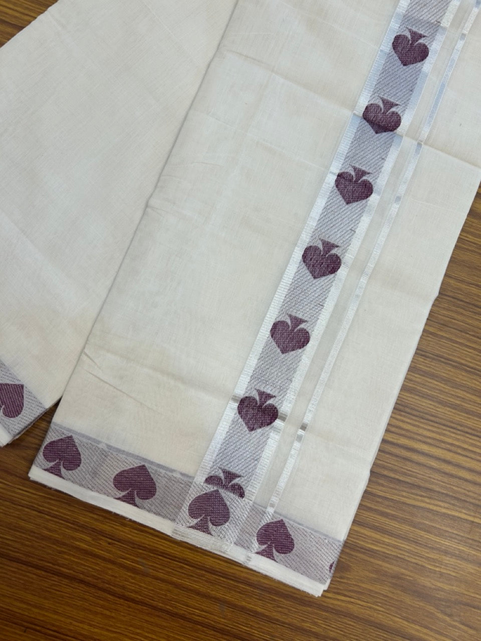 25% Discount ! Kaitharikada Handloom Unakkupaav Balaramapuram - 100% PURE Cotton OFF WHITE - (Unbleached) Double Mundu/Dhoti - 100x80 - 2 inch Silver Kasav & Purple Jacquard Design Kara 4 mtr (8.5 Muzham) - 2 KK5301 ABH