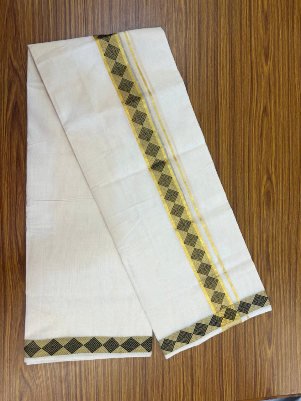 25% Discount ! Kaitharikada Handloom Unakkupaav Balaramapuram - 100% PURE Cotton OFF WHITE - (Unbleached) Double Mundu/Dhoti - 100x80 - 1.75 inch Gold Kasav & Black Jacquard Design Kara 4 mtr (8.5 Muzham) - 3 KK5301 ABH