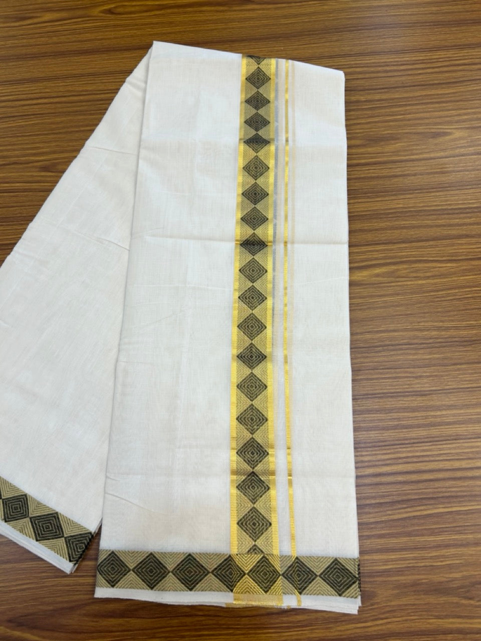 25% Discount ! Kaitharikada Handloom Unakkupaav Balaramapuram - 100% PURE Cotton OFF WHITE - (Unbleached) Double Mundu/Dhoti - 100x80 - 1.75 inch Gold Kasav & Black Jacquard Design Kara 4 mtr (8.5 Muzham) - 3 KK5301 ABH