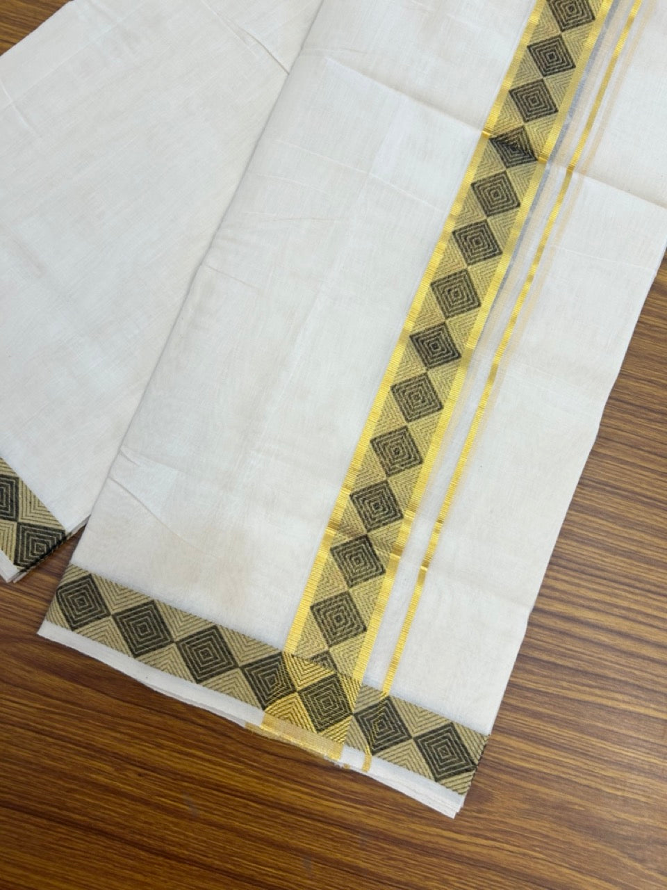 25% Discount ! Kaitharikada Handloom Unakkupaav Balaramapuram - 100% PURE Cotton OFF WHITE - (Unbleached) Double Mundu/Dhoti - 100x80 - 1.75 inch Gold Kasav & Black Jacquard Design Kara 4 mtr (8.5 Muzham) - 3 KK5301 ABH