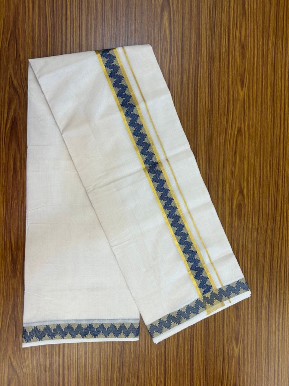 25% Discount ! Kaitharikada Handloom Unakkupaav Balaramapuram - 100% PURE Cotton OFF WHITE - (Unbleached) Double Mundu/Dhoti - 100x80 - 1.75 inch Gold Kasav & Blue Jacquard Design Kara 4 mtr (8.5 Muzham) - 4 KK5301 ABH