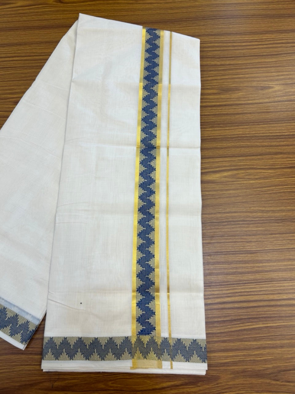 25% Discount ! Kaitharikada Handloom Unakkupaav Balaramapuram - 100% PURE Cotton OFF WHITE - (Unbleached) Double Mundu/Dhoti - 100x80 - 1.75 inch Gold Kasav & Blue Jacquard Design Kara 4 mtr (8.5 Muzham) - 4 KK5301 ABH