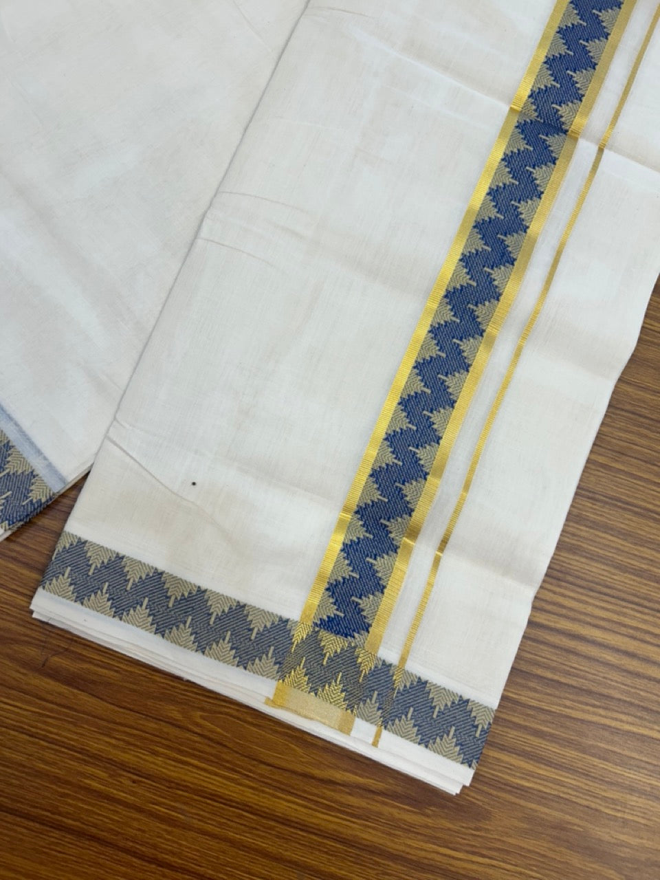 25% Discount ! Kaitharikada Handloom Unakkupaav Balaramapuram - 100% PURE Cotton OFF WHITE - (Unbleached) Double Mundu/Dhoti - 100x80 - 1.75 inch Gold Kasav & Blue Jacquard Design Kara 4 mtr (8.5 Muzham) - 4 KK5301 ABH