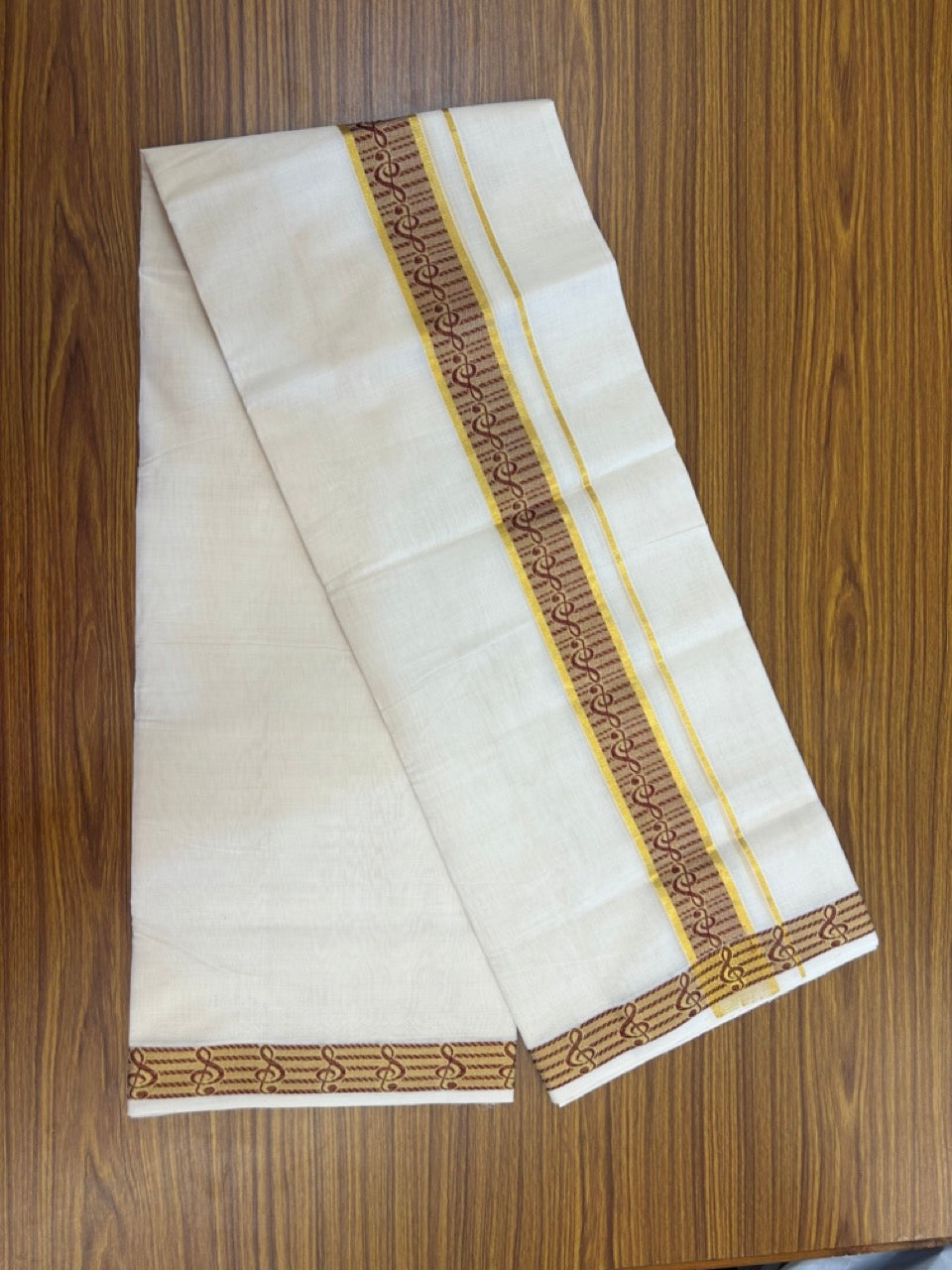 25% Discount ! Kaitharikada Handloom Unakkupaav Balaramapuram - 100% PURE Cotton OFF WHITE - (Unbleached) Double Mundu/Dhoti - 100x80 - 2 inch Gold Kasav & Maroon Jacquard Design Kara 4 mtr (8.5 Muzham) - 5 KK5301 ABH