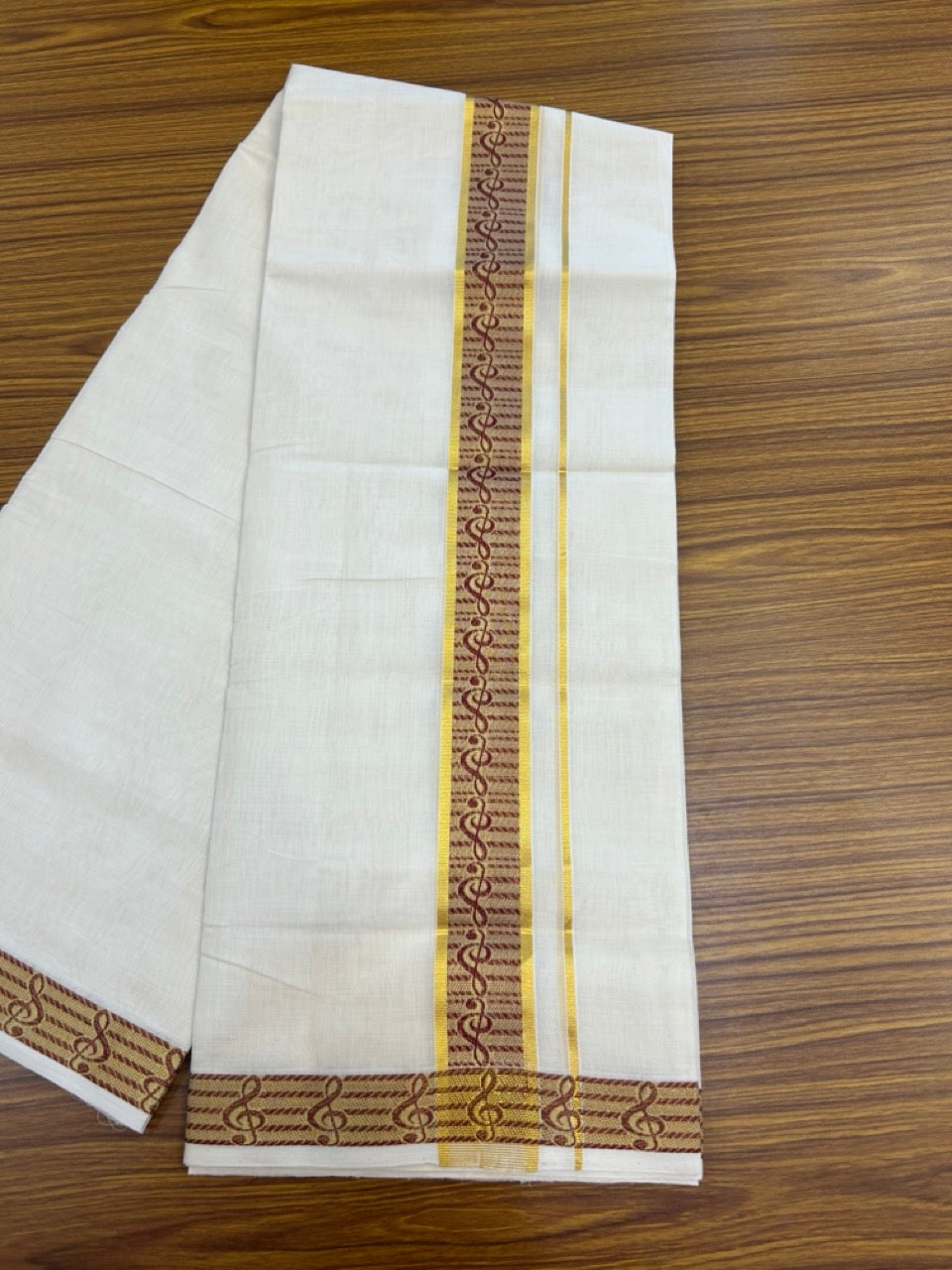 25% Discount ! Kaitharikada Handloom Unakkupaav Balaramapuram - 100% PURE Cotton OFF WHITE - (Unbleached) Double Mundu/Dhoti - 100x80 - 2 inch Gold Kasav & Maroon Jacquard Design Kara 4 mtr (8.5 Muzham) - 5 KK5301 ABH