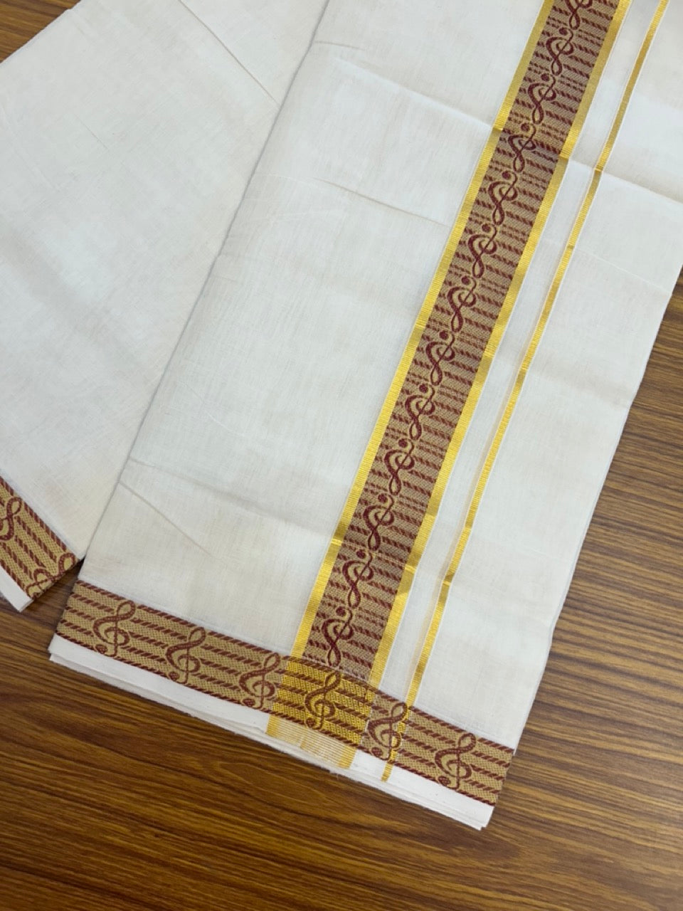 25% Discount ! Kaitharikada Handloom Unakkupaav Balaramapuram - 100% PURE Cotton OFF WHITE - (Unbleached) Double Mundu/Dhoti - 100x80 - 2 inch Gold Kasav & Maroon Jacquard Design Kara 4 mtr (8.5 Muzham) - 5 KK5301 ABH