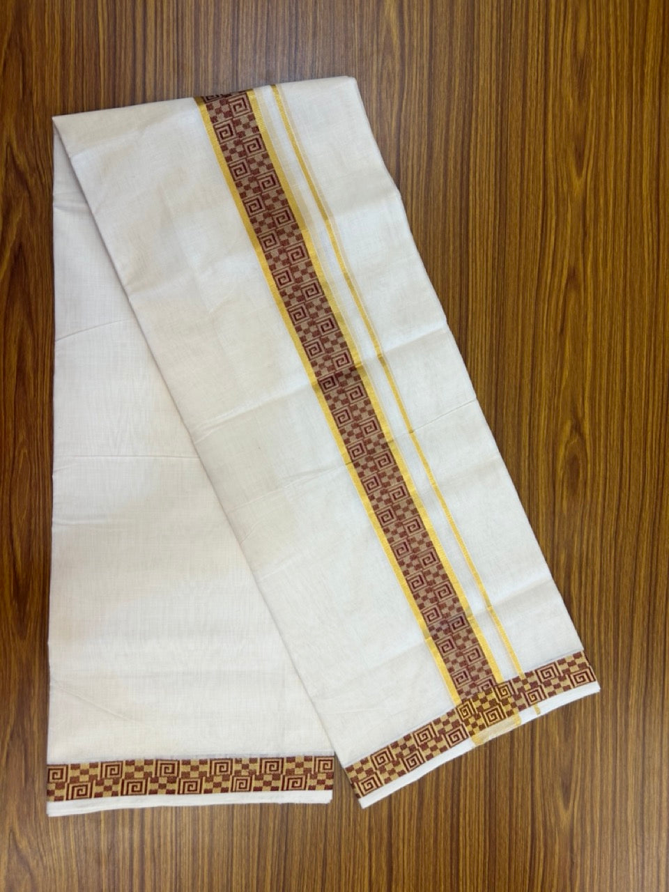 25% Discount ! Kaitharikada Handloom Unakkupaav Balaramapuram - 100% PURE Cotton OFF WHITE - (Unbleached) Double Mundu/Dhoti - 100x80 - 2 inch Gold Kasav & Maroon Jacquard Design Kara 4 mtr (8.5 Muzham) - 6 KK5301 ABH