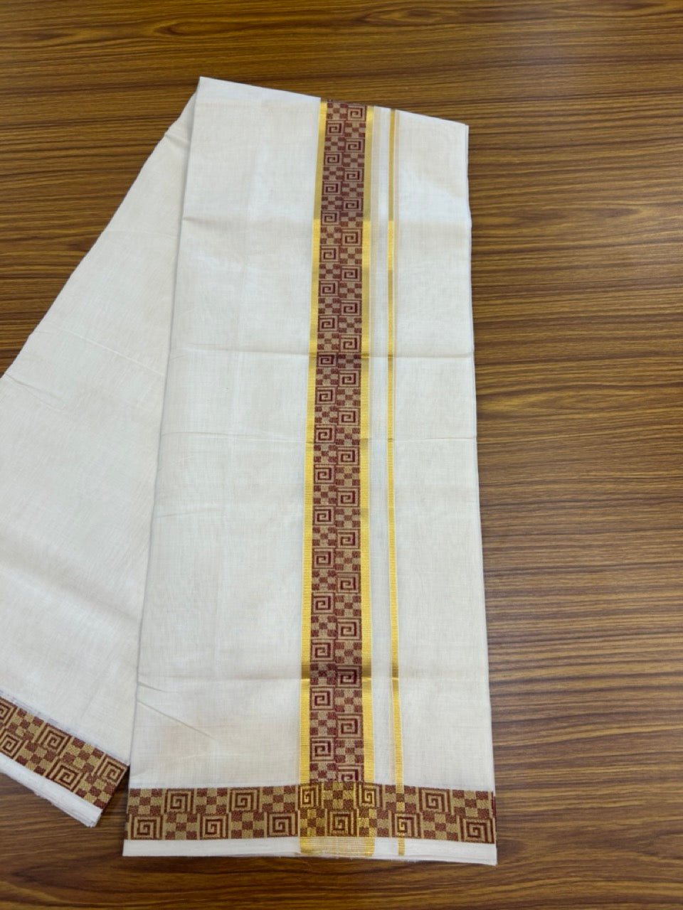 25% Discount ! Kaitharikada Handloom Unakkupaav Balaramapuram - 100% PURE Cotton OFF WHITE - (Unbleached) Double Mundu/Dhoti - 100x80 - 2 inch Gold Kasav & Maroon Jacquard Design Kara 4 mtr (8.5 Muzham) - 6 KK5301 ABH