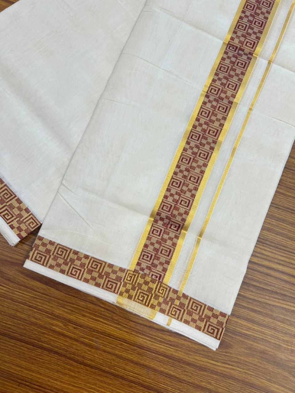 25% Discount ! Kaitharikada Handloom Unakkupaav Balaramapuram - 100% PURE Cotton OFF WHITE - (Unbleached) Double Mundu/Dhoti - 100x80 - 2 inch Gold Kasav & Maroon Jacquard Design Kara 4 mtr (8.5 Muzham) - 6 KK5301 ABH