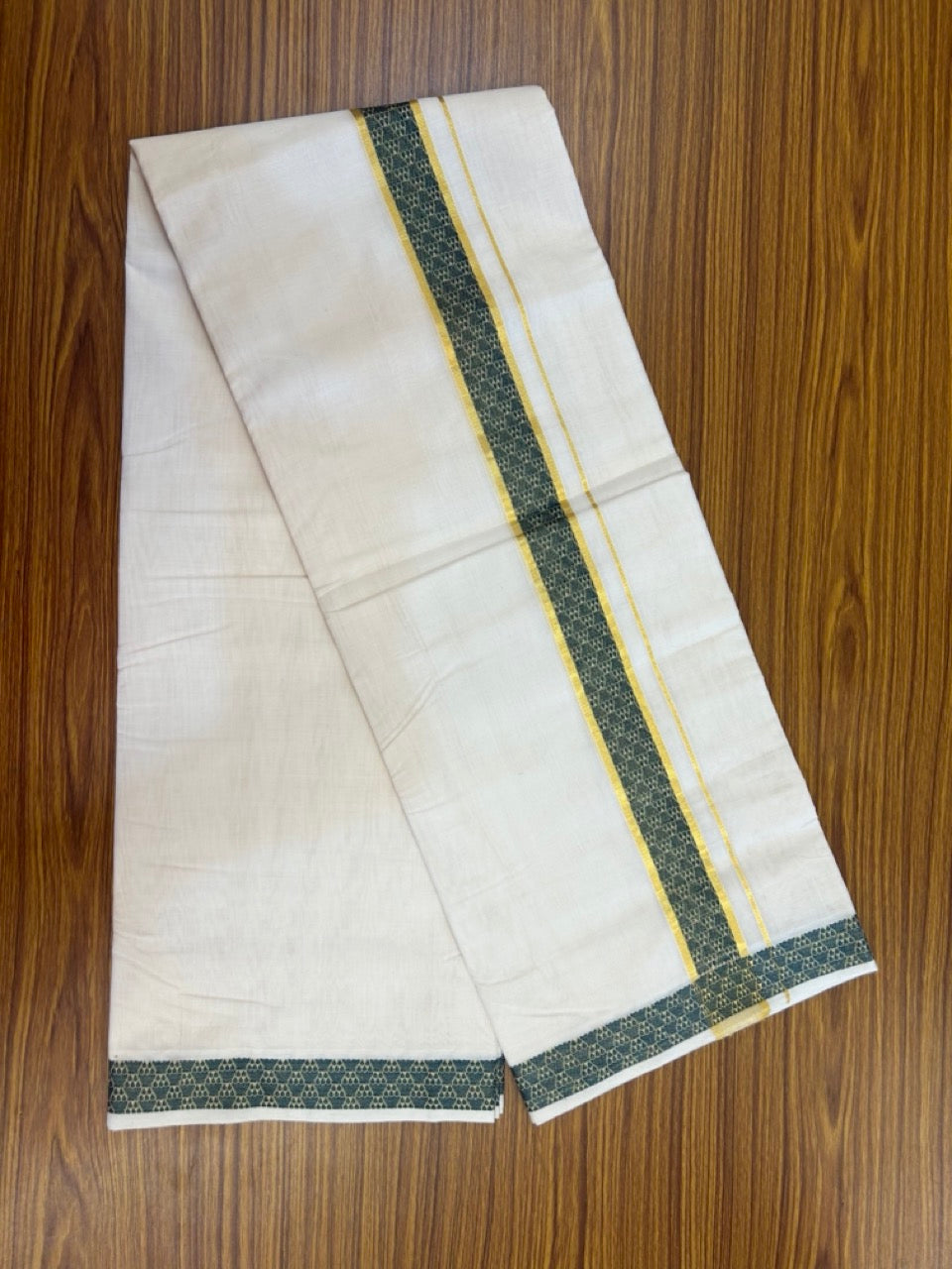 25% Discount ! Kaitharikada Handloom Unakkupaav Balaramapuram - 100% PURE Cotton OFF WHITE - (Unbleached) Double Mundu/Dhoti - 100x80 - 1.75 inch Gold Kasav & Peacock Green Jacquard Design Kara 4 mtr (8.5 Muzham) - 7 KK5301 ABH