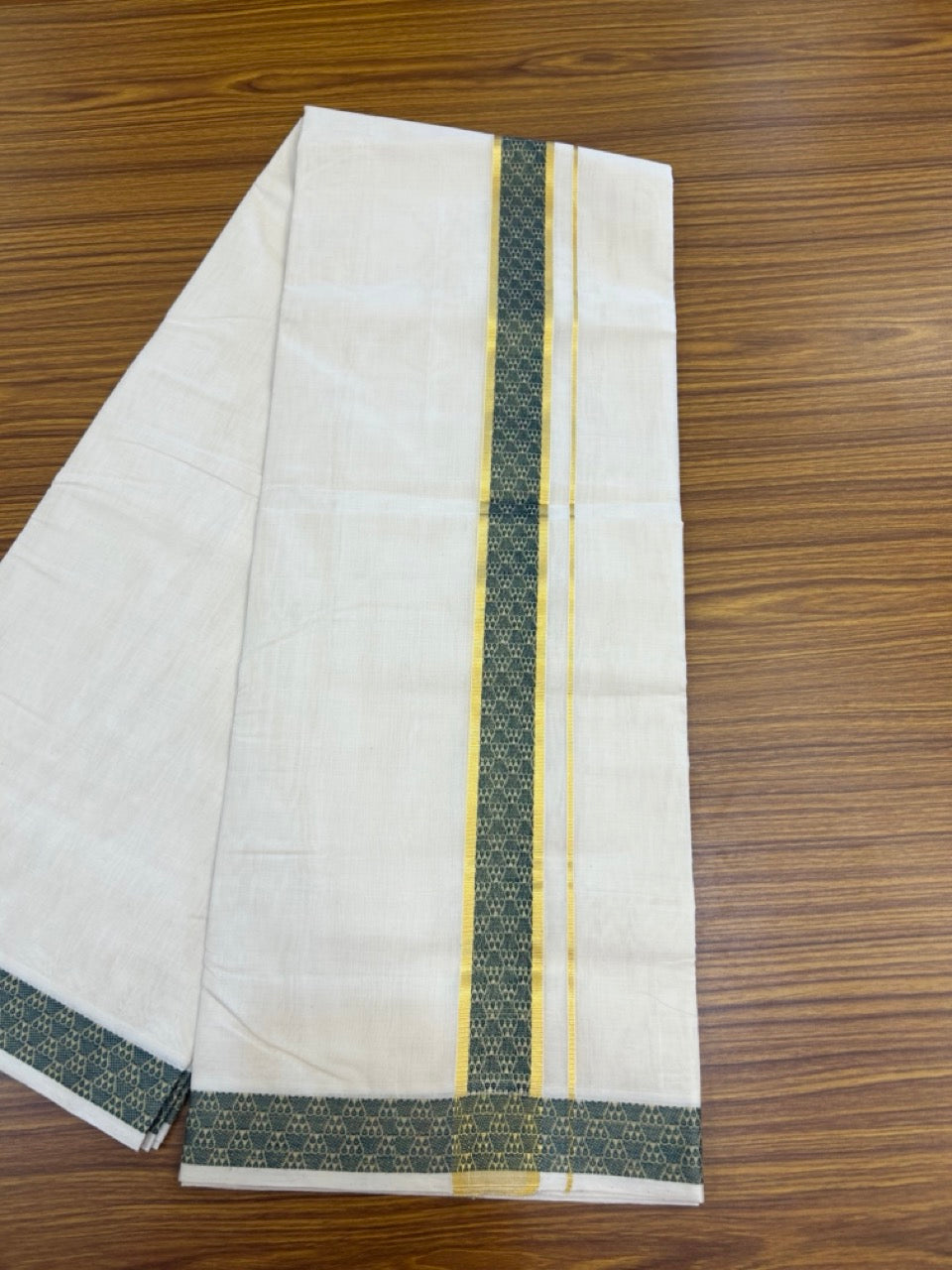 25% Discount ! Kaitharikada Handloom Unakkupaav Balaramapuram - 100% PURE Cotton OFF WHITE - (Unbleached) Double Mundu/Dhoti - 100x80 - 1.75 inch Gold Kasav & Peacock Green Jacquard Design Kara 4 mtr (8.5 Muzham) - 7 KK5301 ABH