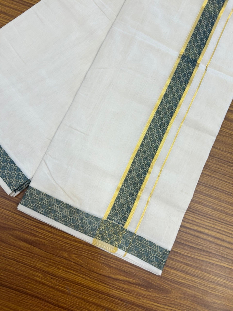 25% Discount ! Kaitharikada Handloom Unakkupaav Balaramapuram - 100% PURE Cotton OFF WHITE - (Unbleached) Double Mundu/Dhoti - 100x80 - 1.75 inch Gold Kasav & Peacock Green Jacquard Design Kara 4 mtr (8.5 Muzham) - 7 KK5301 ABH