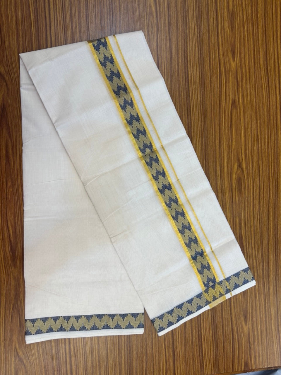 25% Discount ! Kaitharikada Handloom Unakkupaav Balaramapuram - 100% PURE Cotton OFF WHITE - (Unbleached) Double Mundu/Dhoti - 100x80 - 1.75 inch Gold Kasav & Peacock Green Jacquard Design Kara 4 mtr (8.5 Muzham) - 8 KK5301 ABH