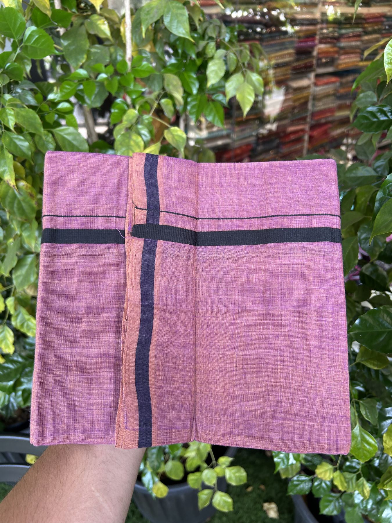 Kerala Handloom Single Hallmarked - 10% Discount !! KaithariKada 100% Pure Cotton - Mundu/Dhoti Purple Brown Body - 1.5 cm Black Kara - (2 meter / 4 muzham) - 43 KK8048 ELA