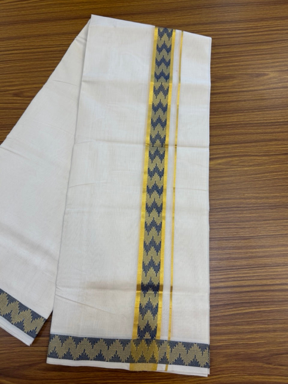 25% Discount ! Kaitharikada Handloom Unakkupaav Balaramapuram - 100% PURE Cotton OFF WHITE - (Unbleached) Double Mundu/Dhoti - 100x80 - 1.75 inch Gold Kasav & Peacock Green Jacquard Design Kara 4 mtr (8.5 Muzham) - 8 KK5301 ABH
