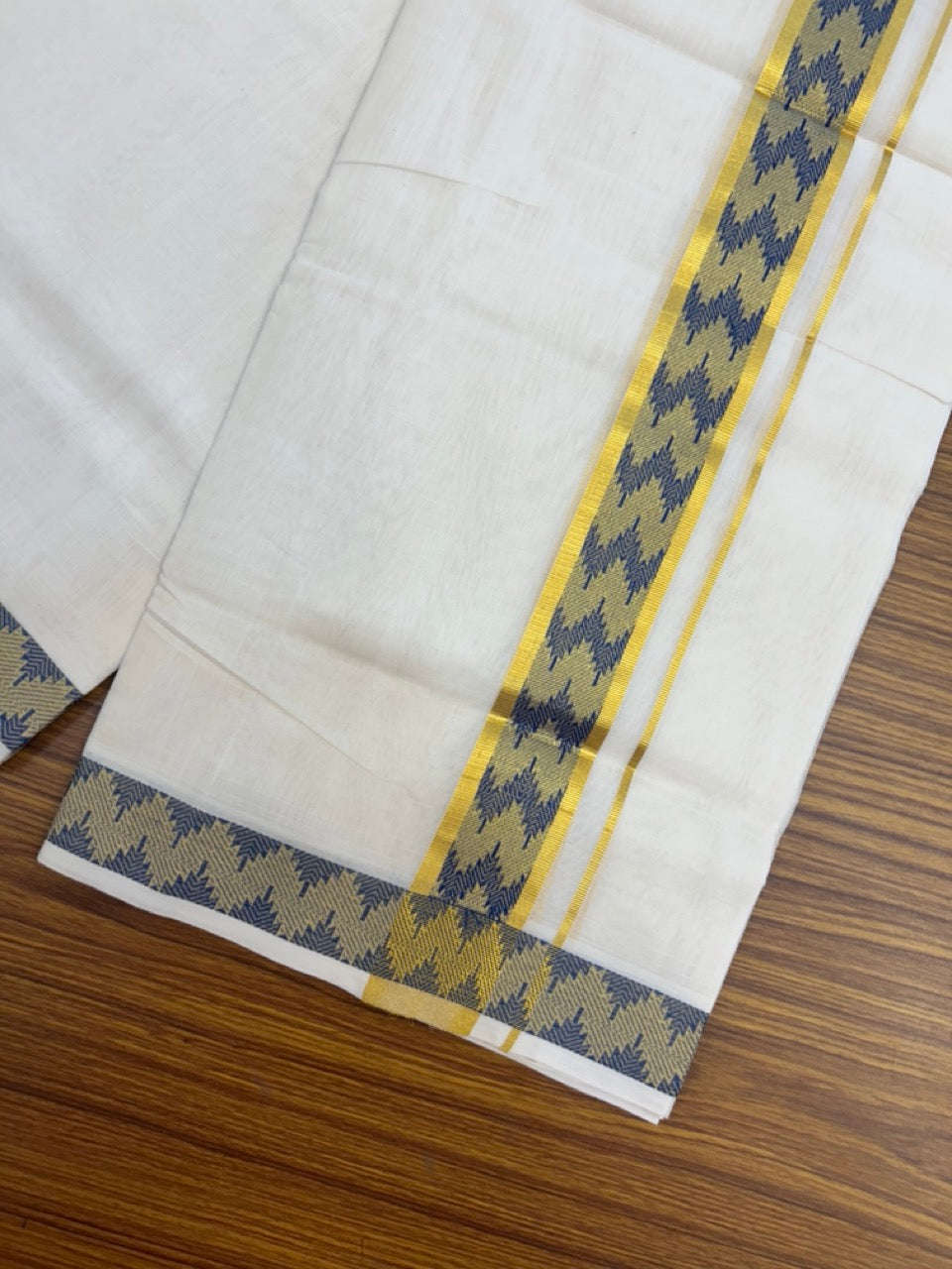 25% Discount ! Kaitharikada Handloom Unakkupaav Balaramapuram - 100% PURE Cotton OFF WHITE - (Unbleached) Double Mundu/Dhoti - 100x80 - 1.75 inch Gold Kasav & Peacock Green Jacquard Design Kara 4 mtr (8.5 Muzham) - 8 KK5301 ABH