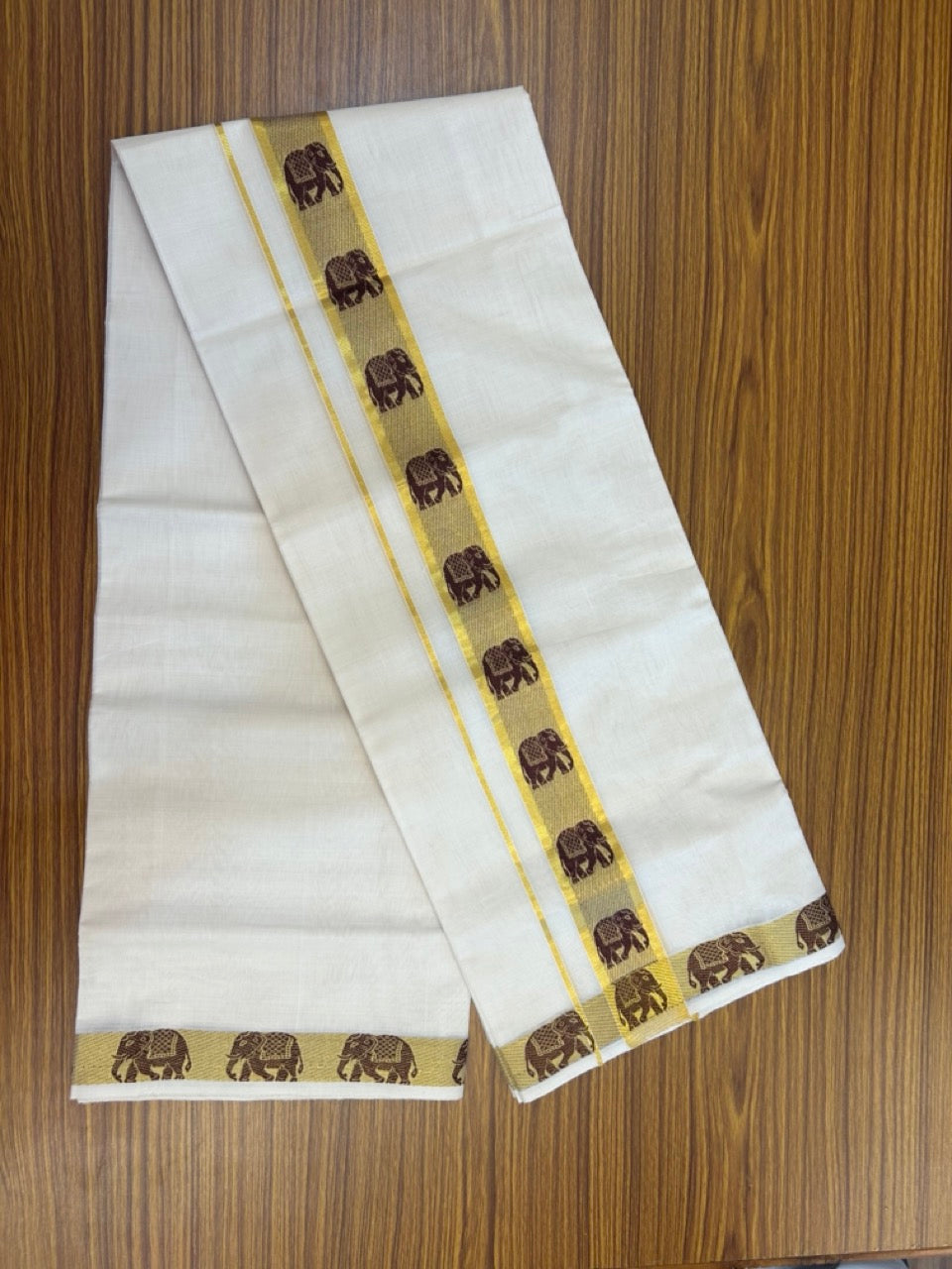 25% Discount ! Kaitharikada Handloom Unakkupaav Balaramapuram - 100% PURE Cotton OFF WHITE - (Unbleached) Double Mundu/Dhoti - 100x80 - 2 inch Gold Kasav & Brown Elephant Jacquard Design Kara 4 mtr (8.5 Muzham) - 9 KK5301 ABH