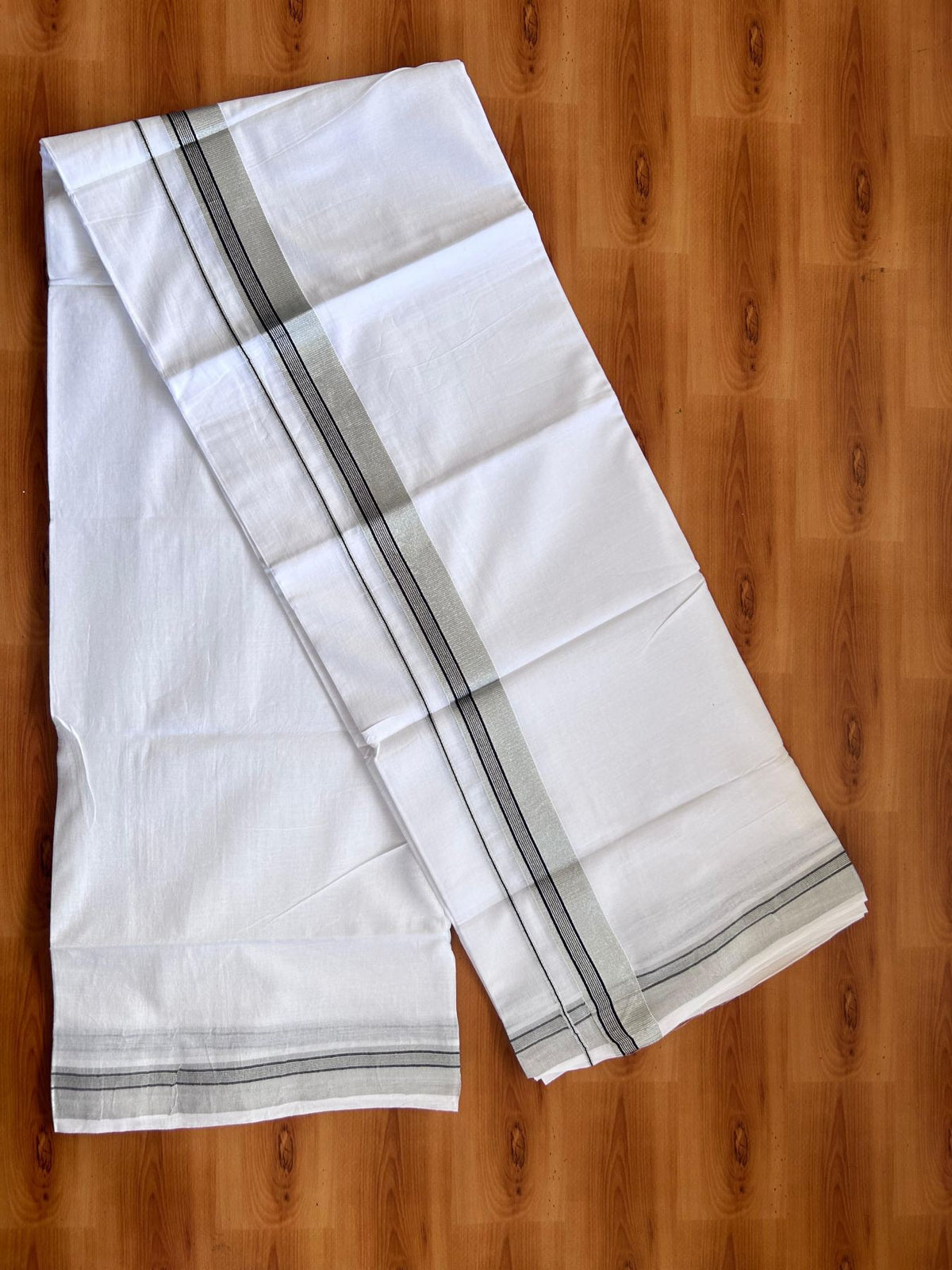 Pure white Double Mundu/Dhoti - 20% Discount! KaithariKada 100% Cotton - 100X80 - 1.25 inch Silver Kasav & Black Stripes Kara - 3.90 mtr (8.5 muzham) - 25 KK5515 CKS