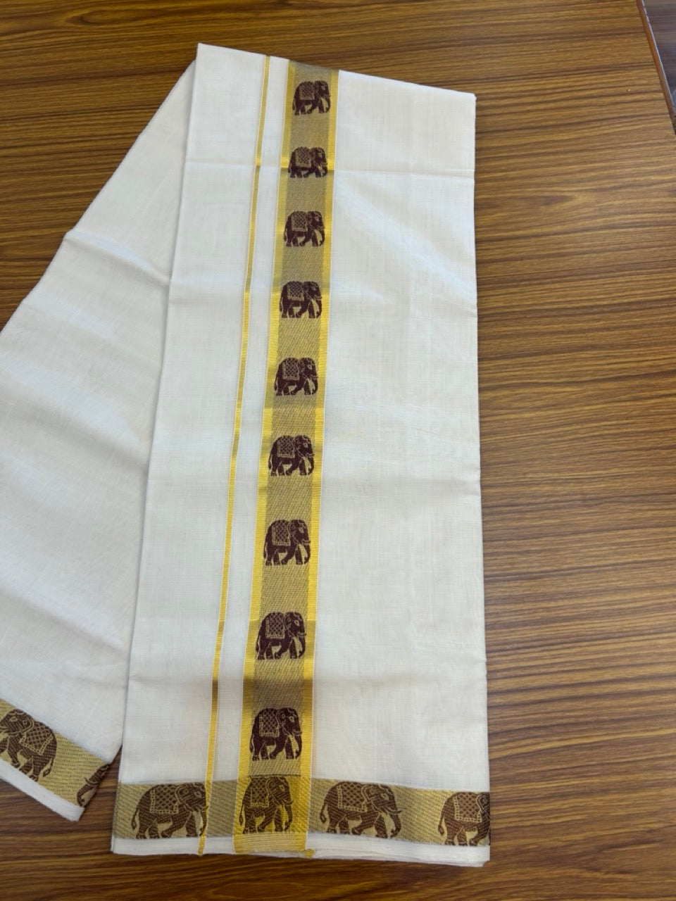 25% Discount ! Kaitharikada Handloom Unakkupaav Balaramapuram - 100% PURE Cotton OFF WHITE - (Unbleached) Double Mundu/Dhoti - 100x80 - 2 inch Gold Kasav & Brown Elephant Jacquard Design Kara 4 mtr (8.5 Muzham) - 9 KK5301 ABH