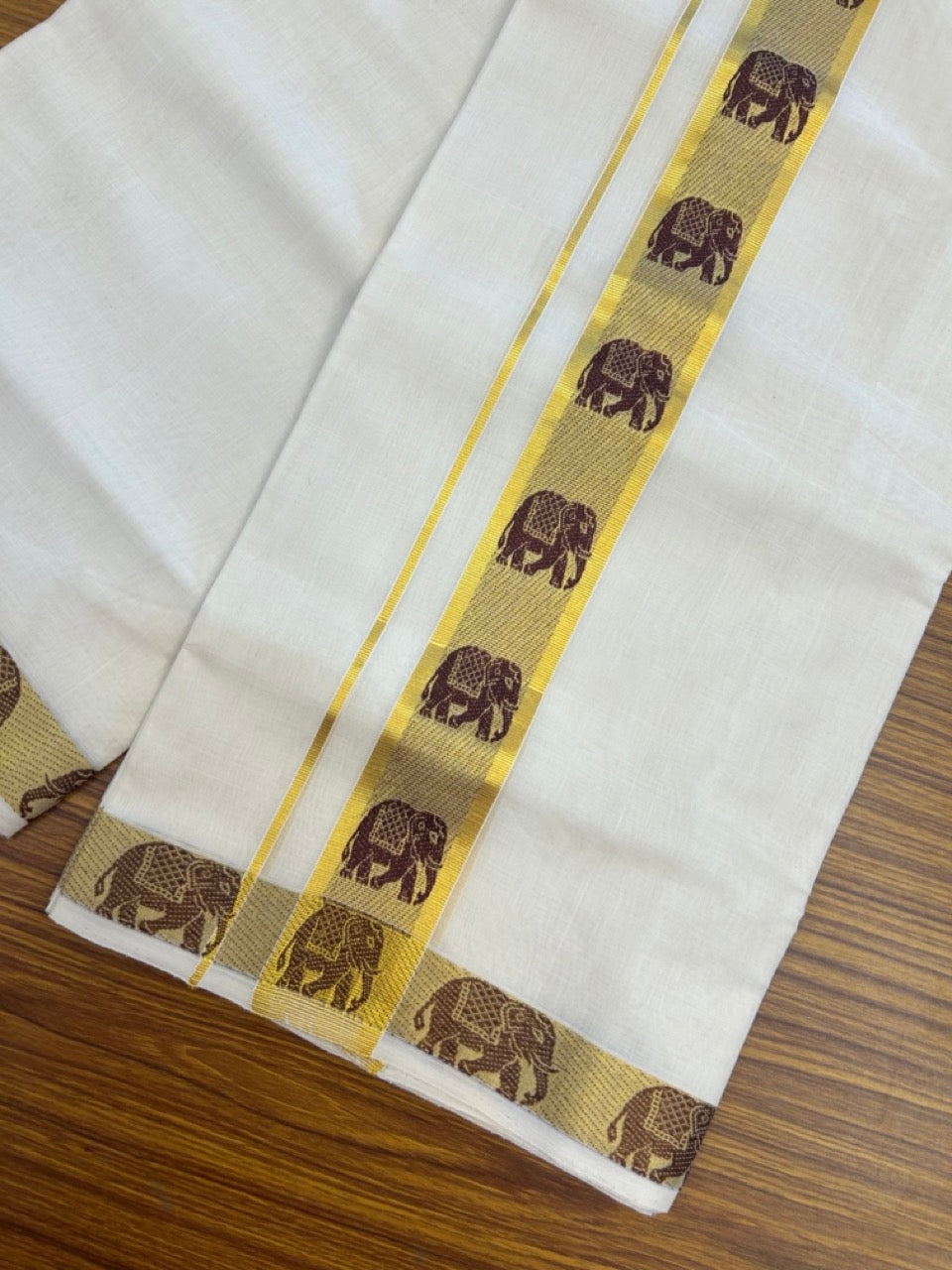 25% Discount ! Kaitharikada Handloom Unakkupaav Balaramapuram - 100% PURE Cotton OFF WHITE - (Unbleached) Double Mundu/Dhoti - 100x80 - 2 inch Gold Kasav & Brown Elephant Jacquard Design Kara 4 mtr (8.5 Muzham) - 9 KK5301 ABH