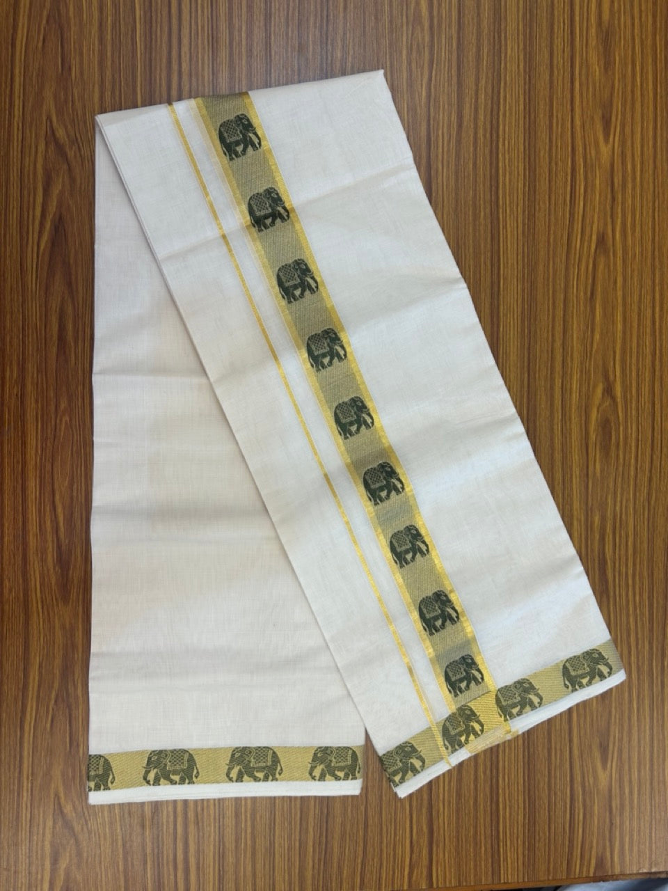 25% Discount ! Kaitharikada Handloom Unakkupaav Balaramapuram - 100% PURE Cotton OFF WHITE - (Unbleached) Double Mundu/Dhoti - 100x80 - 2 inch Gold Kasav & Sage Green Elephant Jacquard Design Kara 4 mtr (8.5 Muzham) - 10 KK5301 ABH