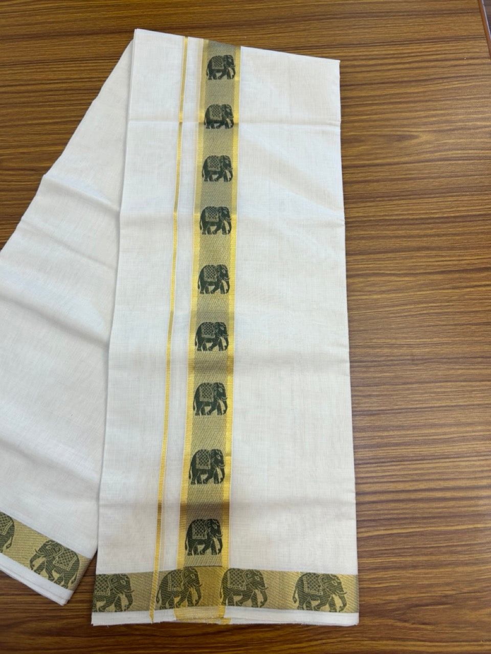 25% Discount ! Kaitharikada Handloom Unakkupaav Balaramapuram - 100% PURE Cotton OFF WHITE - (Unbleached) Double Mundu/Dhoti - 100x80 - 2 inch Gold Kasav & Sage Green Elephant Jacquard Design Kara 4 mtr (8.5 Muzham) - 10 KK5301 ABH