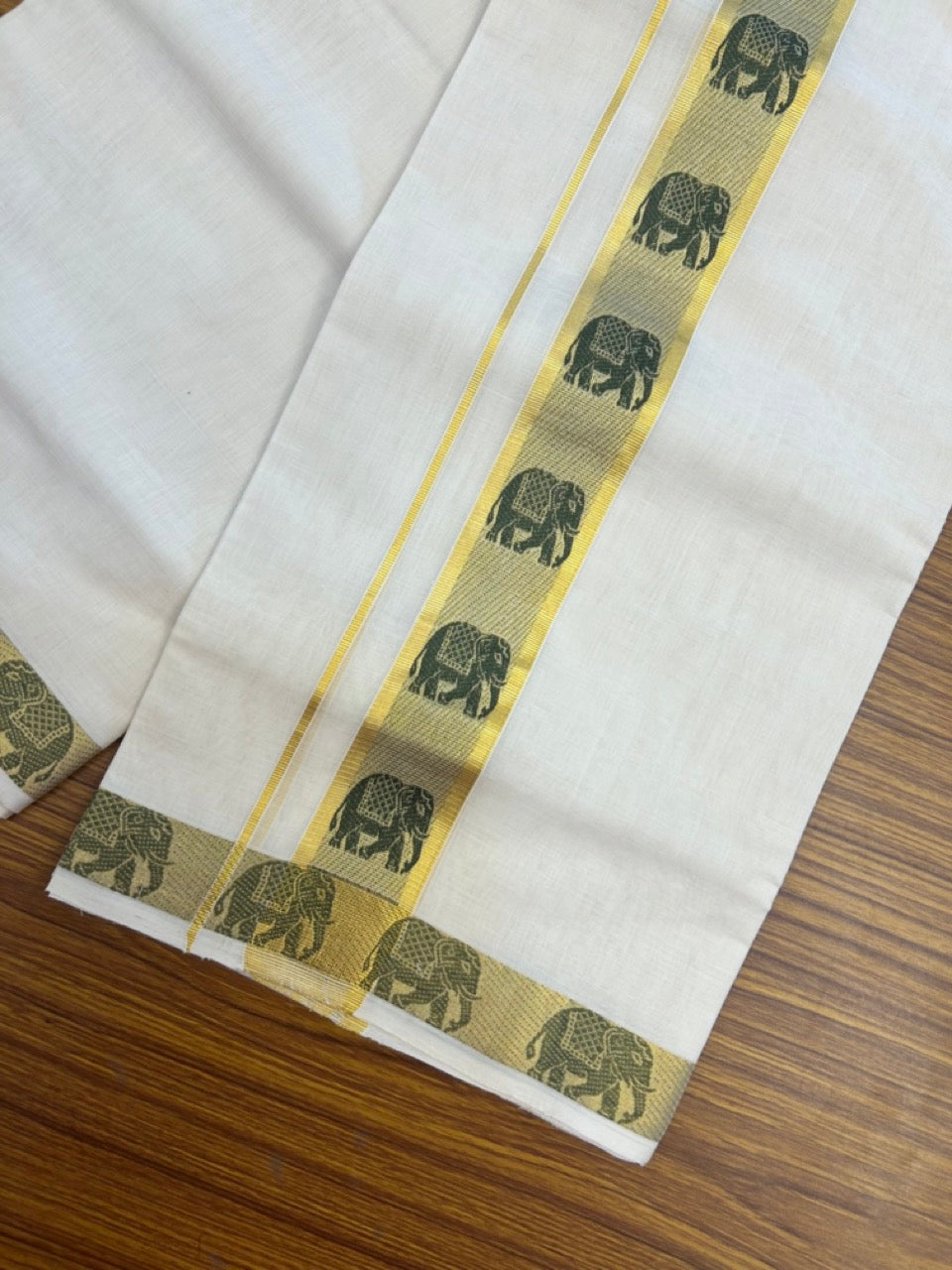 25% Discount ! Kaitharikada Handloom Unakkupaav Balaramapuram - 100% PURE Cotton OFF WHITE - (Unbleached) Double Mundu/Dhoti - 100x80 - 2 inch Gold Kasav & Sage Green Elephant Jacquard Design Kara 4 mtr (8.5 Muzham) - 10 KK5301 ABH