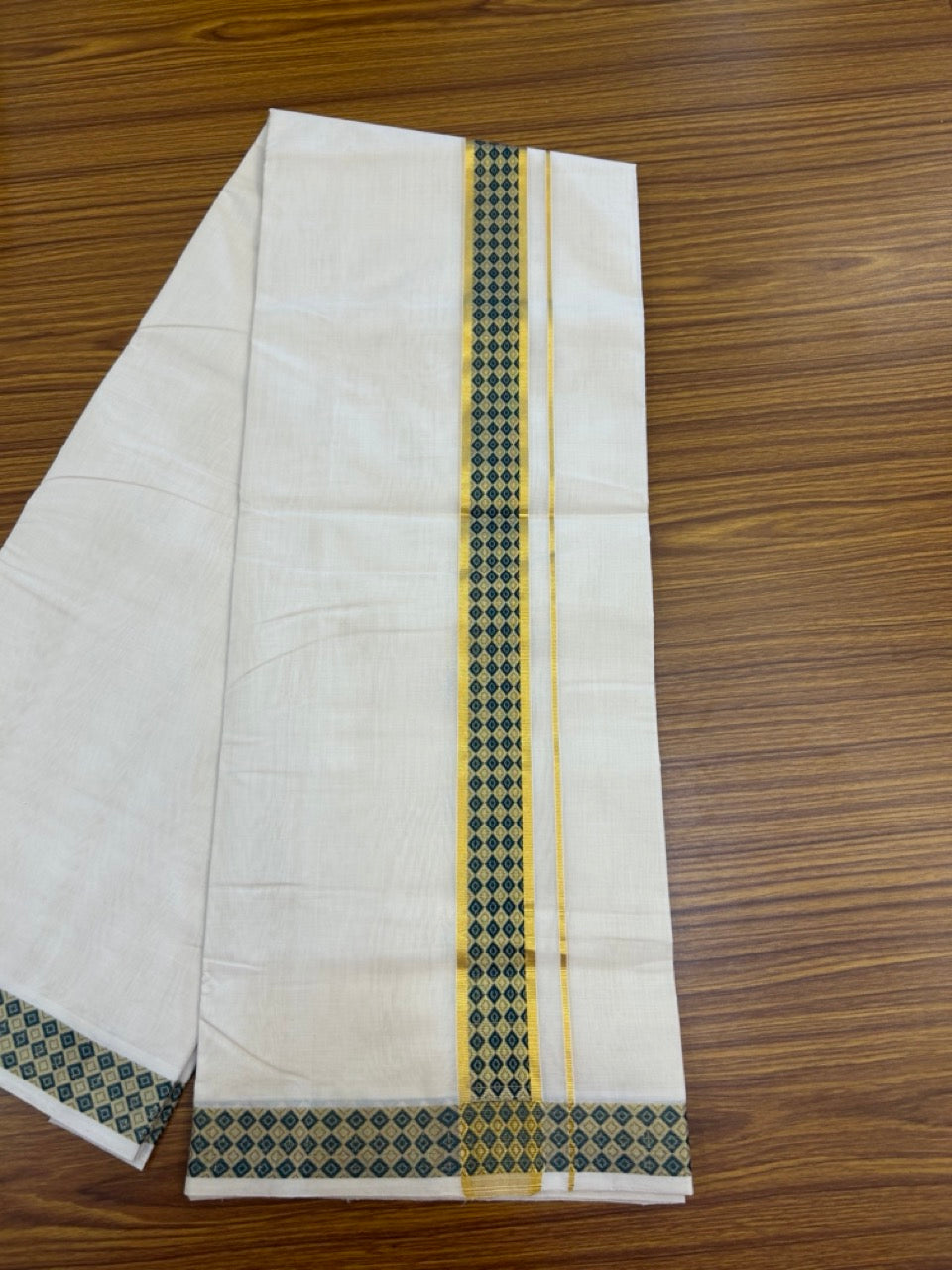 25% Discount ! Kaitharikada Handloom Unakkupaav Balaramapuram - 100% PURE Cotton OFF WHITE - (Unbleached) Double Mundu/Dhoti - 100x80 - 1.75 inch Gold Kasav & Peacock Green Jacquard Design Kara 4 mtr (8.5 Muzham) - 11 KK5301 ABH