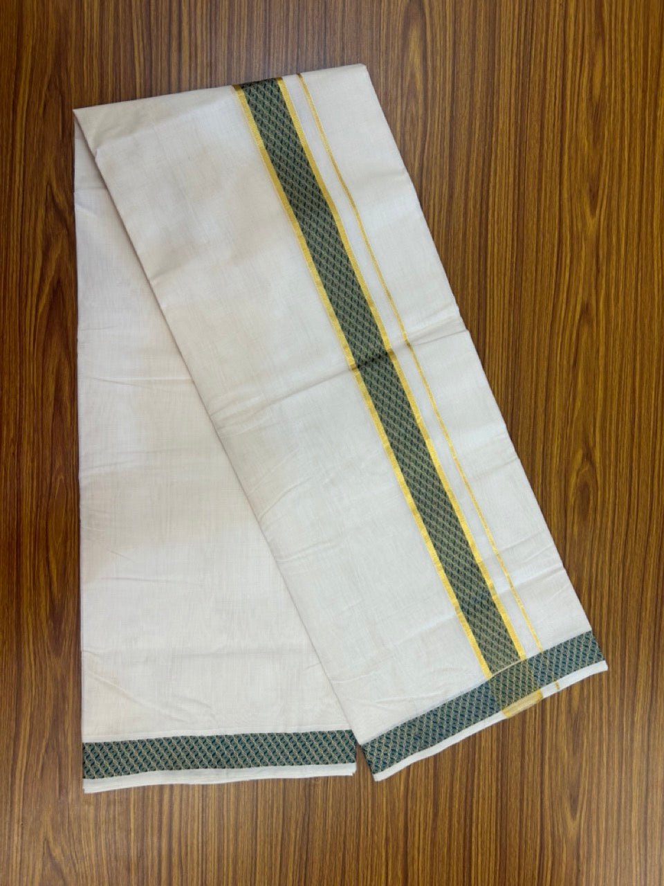 25% Discount ! Kaitharikada Handloom Unakkupaav Balaramapuram - 100% PURE Cotton OFF WHITE - (Unbleached) Double Mundu/Dhoti - 100x80 - 1.75 inch Gold Kasav & Peacock Green Jacquard Design Kara 4 mtr (8.5 Muzham) - 12 KK5301 ABH