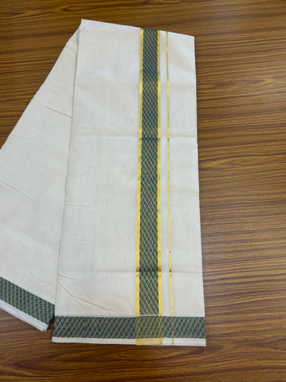 25% Discount ! Kaitharikada Handloom Unakkupaav Balaramapuram - 100% PURE Cotton OFF WHITE - (Unbleached) Double Mundu/Dhoti - 100x80 - 1.75 inch Gold Kasav & Peacock Green Jacquard Design Kara 4 mtr (8.5 Muzham) - 12 KK5301 ABH