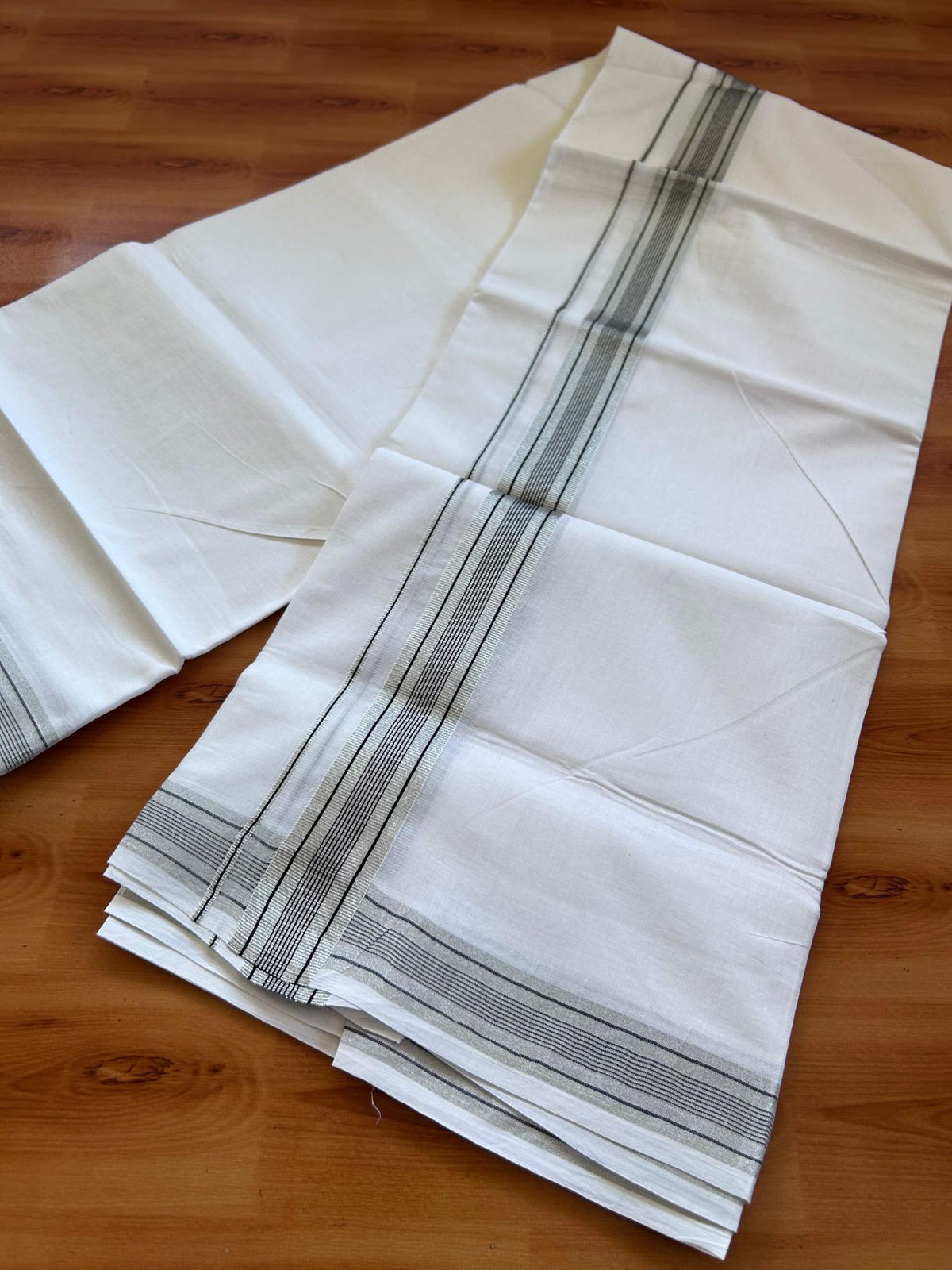 Pure white Double Mundu/Dhoti - 20% Discount! KaithariKada 100% Cotton - 100X80 - 1.25 inch Silver Kasav & Black Kara - 3.90 mtr (8.5 muzham) - 22 KK5515 CKS